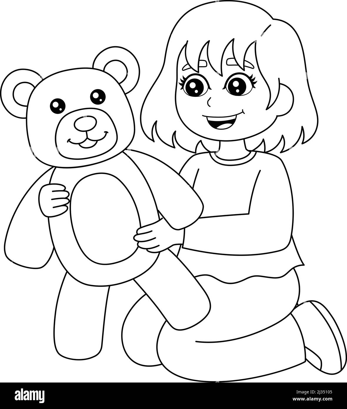 Girl Holding A Teddy Bear Coloring Page Isolated Stock Vector 