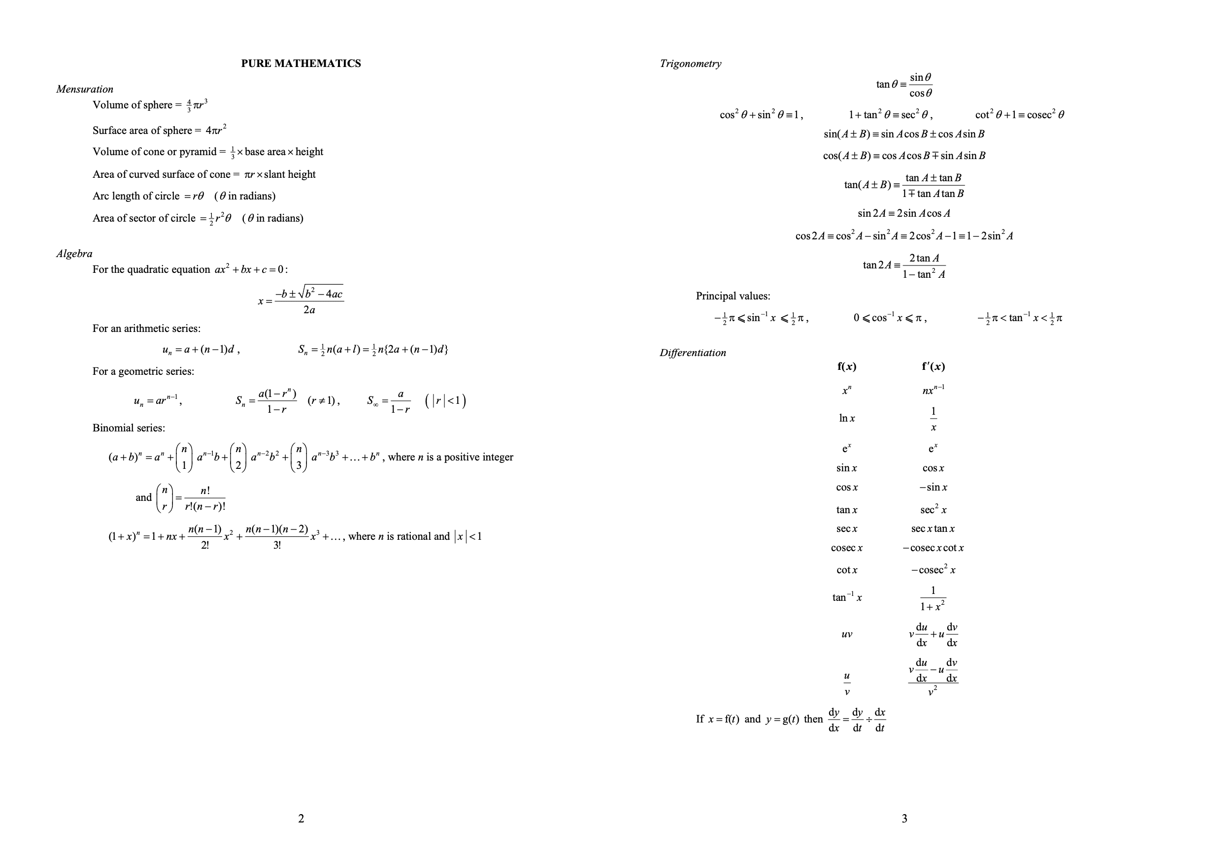 formula sheet math
