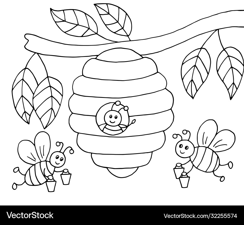 Hand drawn Cartoon Bees And A Beehive On Tree Vector Image