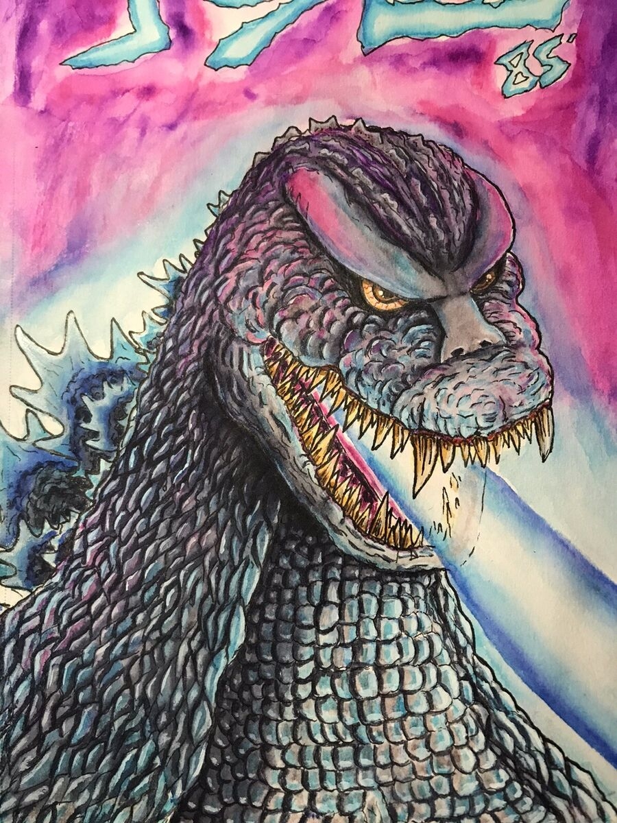 Hand Drawn Godzilla 1985 Original Drawing Watercolor acrylics Godzilla Art 7x10
