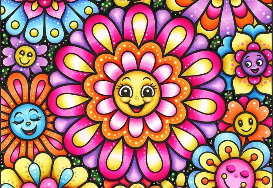 Happy Flowers Coloring Pages Cute Kawaii Flowers For Easy Large Print Coloring Art Is Fun