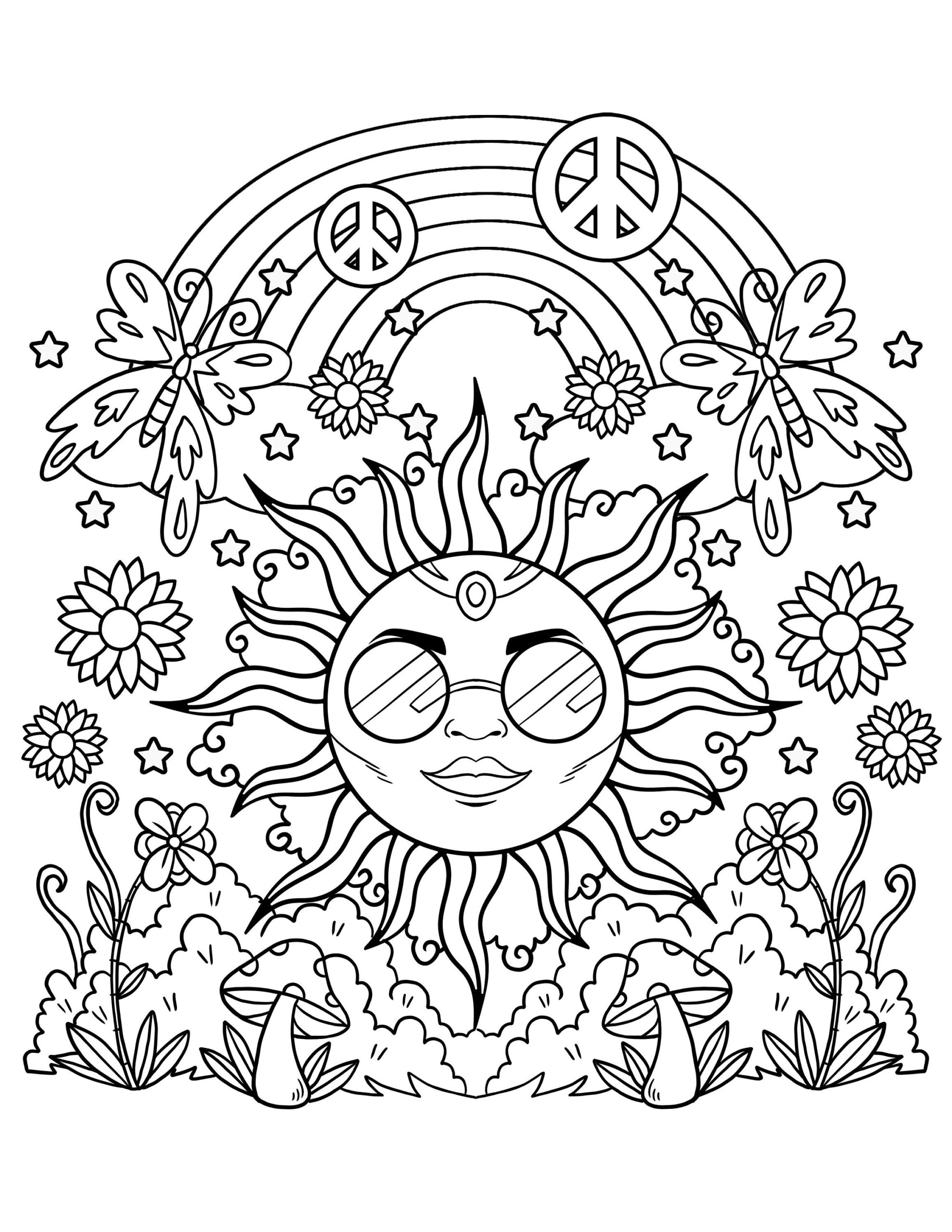 Hippie Sun Printable Coloring Pages Digital Download Trippy 
