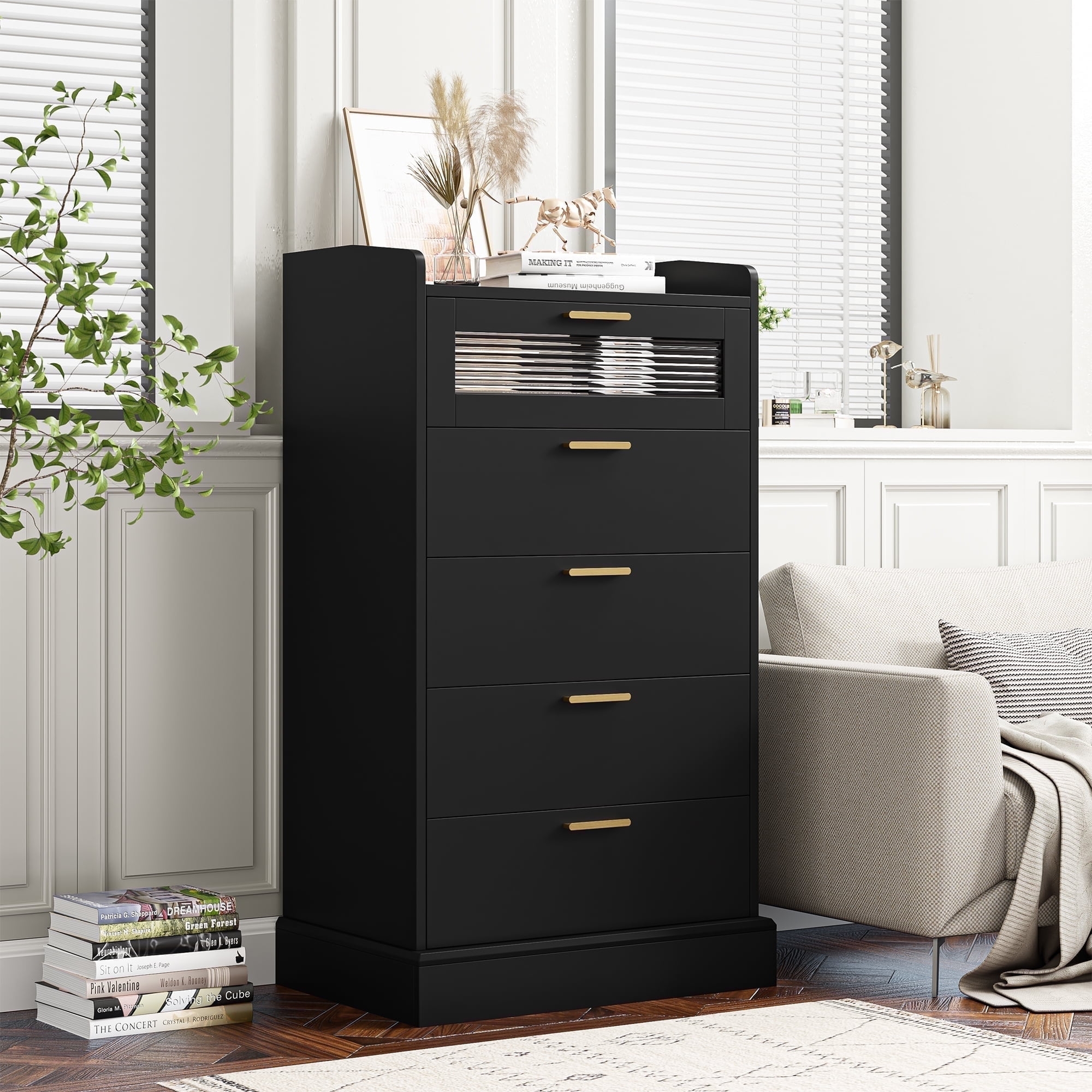 Homfa 5 Drawer Black Dresser For Bedroom Glass Panel Wood Storage Cabinet With Easy Pull Out Handles For Living Room
