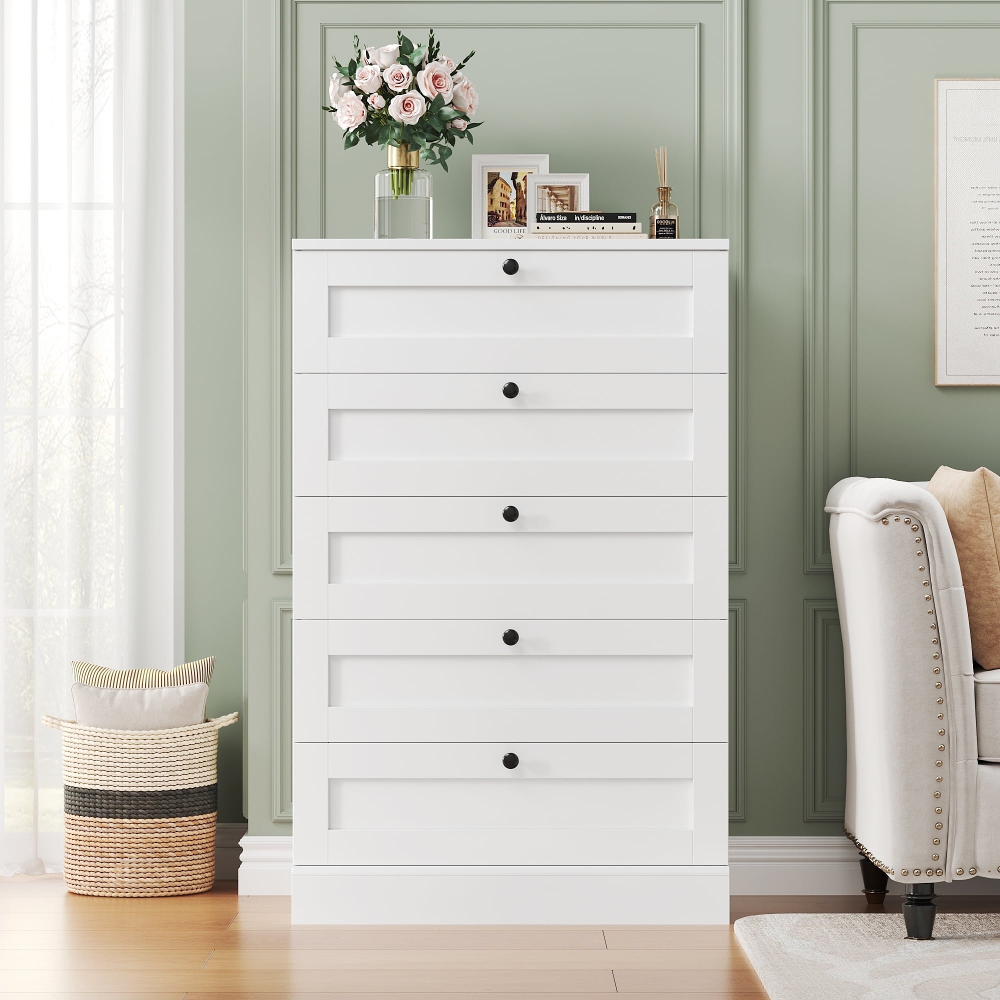 Homfa 5 Drawer White Bedroom Dresser Modern Vertical Dresser Drawers Wood Organizer For Living Room Entryway Small Spaces