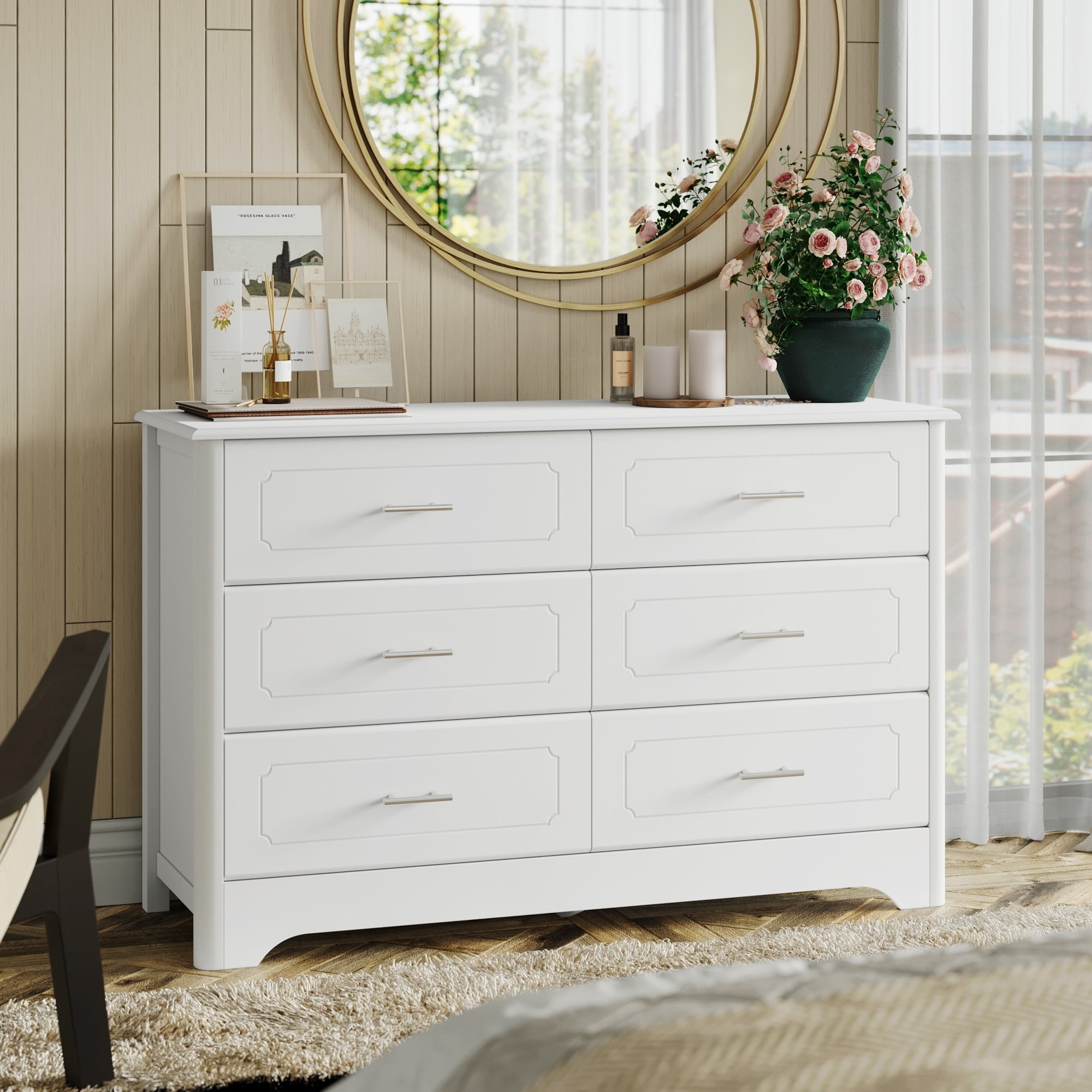 Homfa Double Dresser With 6 Drawer White Horizontal Dresser Chest For Bedroom
