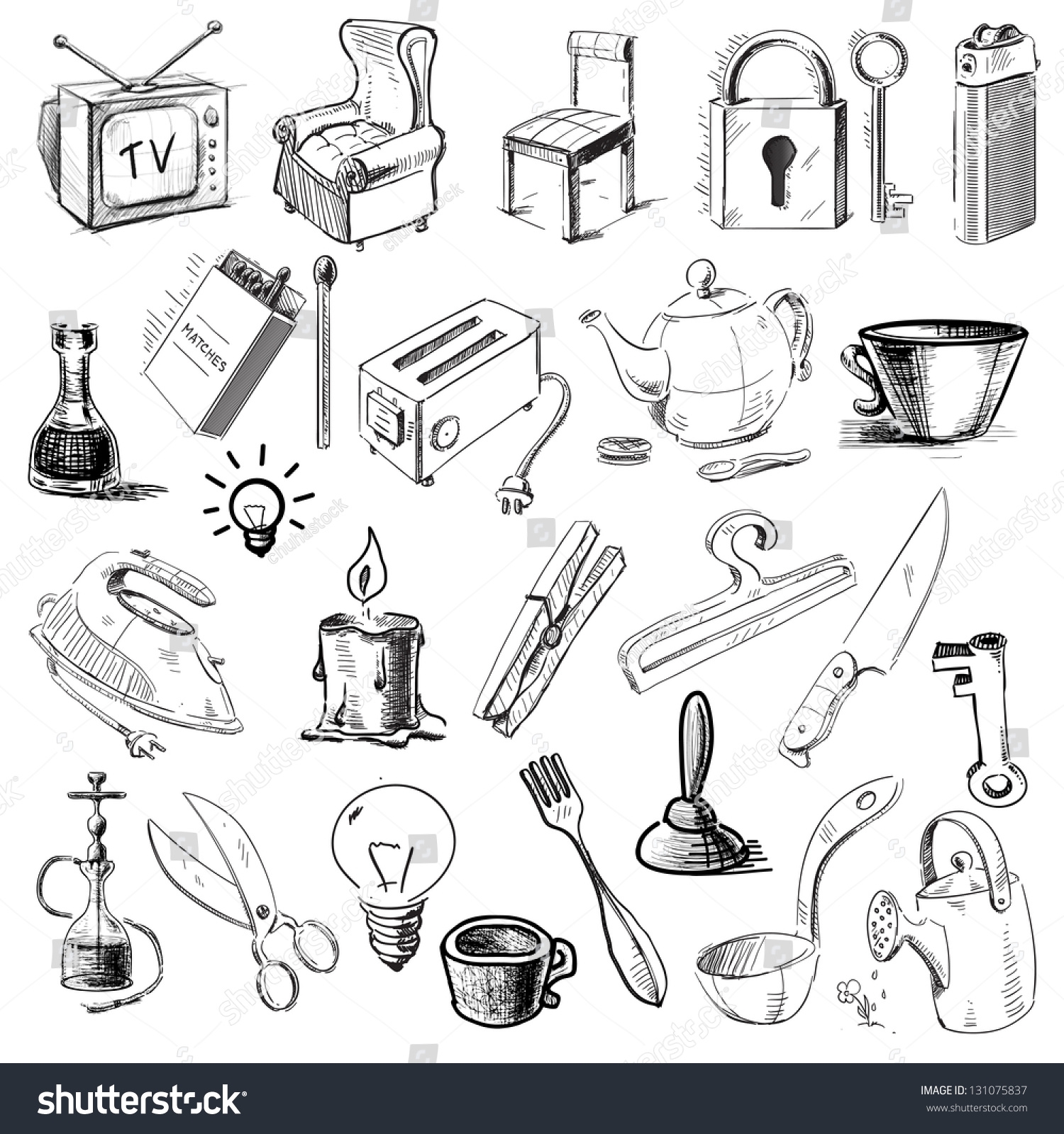 Household Home Objects Collection Hand Drawing Stock Vector Royalty Free 131075837 Shutterstock