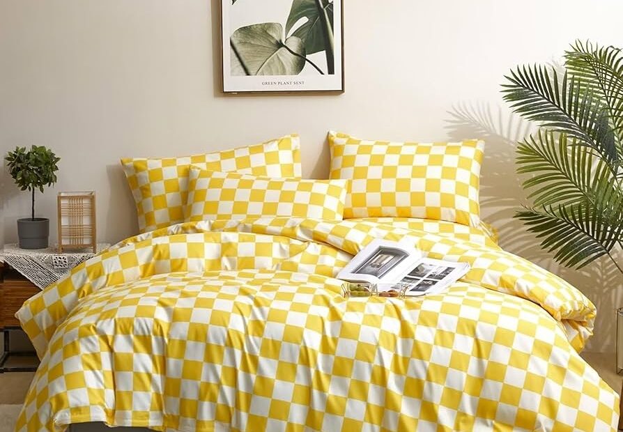 Houseri Plaid Comforter Set Full Size Yellow Grid Bedding Teen Girls Preppy Dorm Bedding