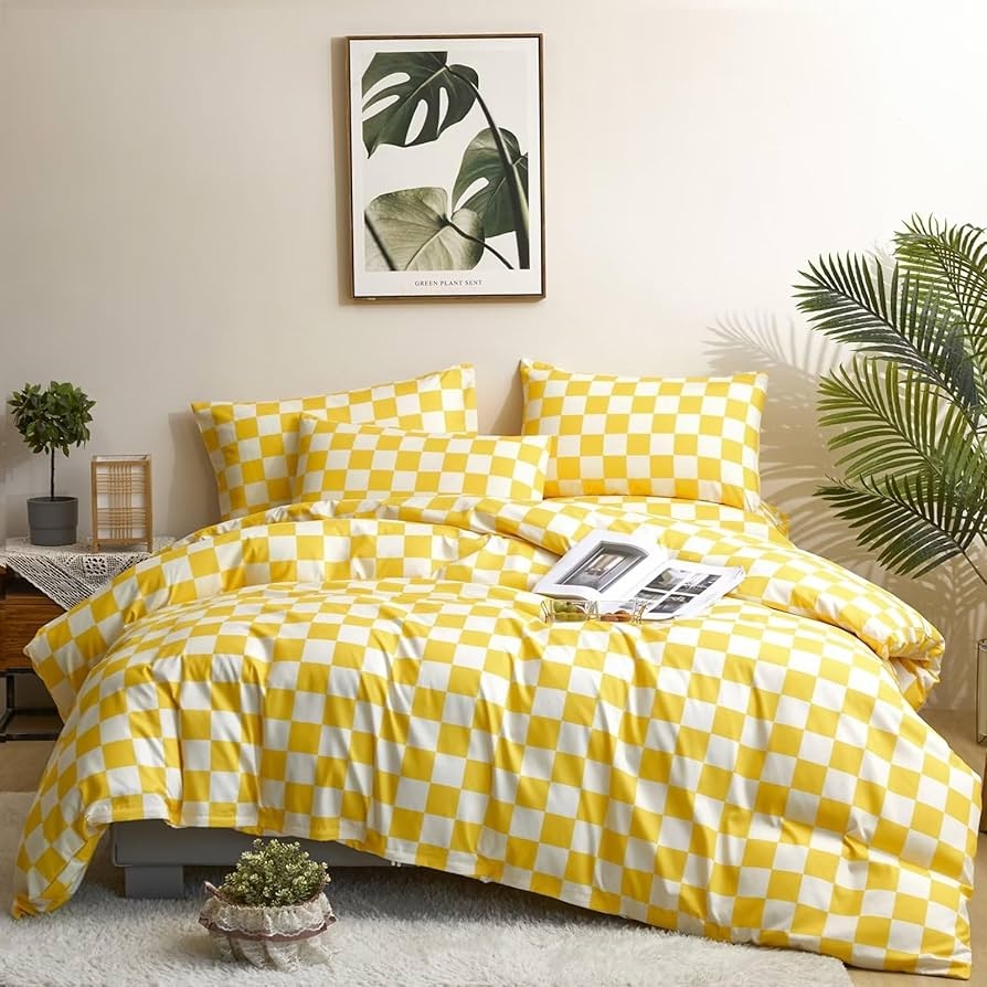 Houseri Plaid Comforter Set Full Size Yellow Grid Bedding Teen Girls Preppy Dorm Bedding