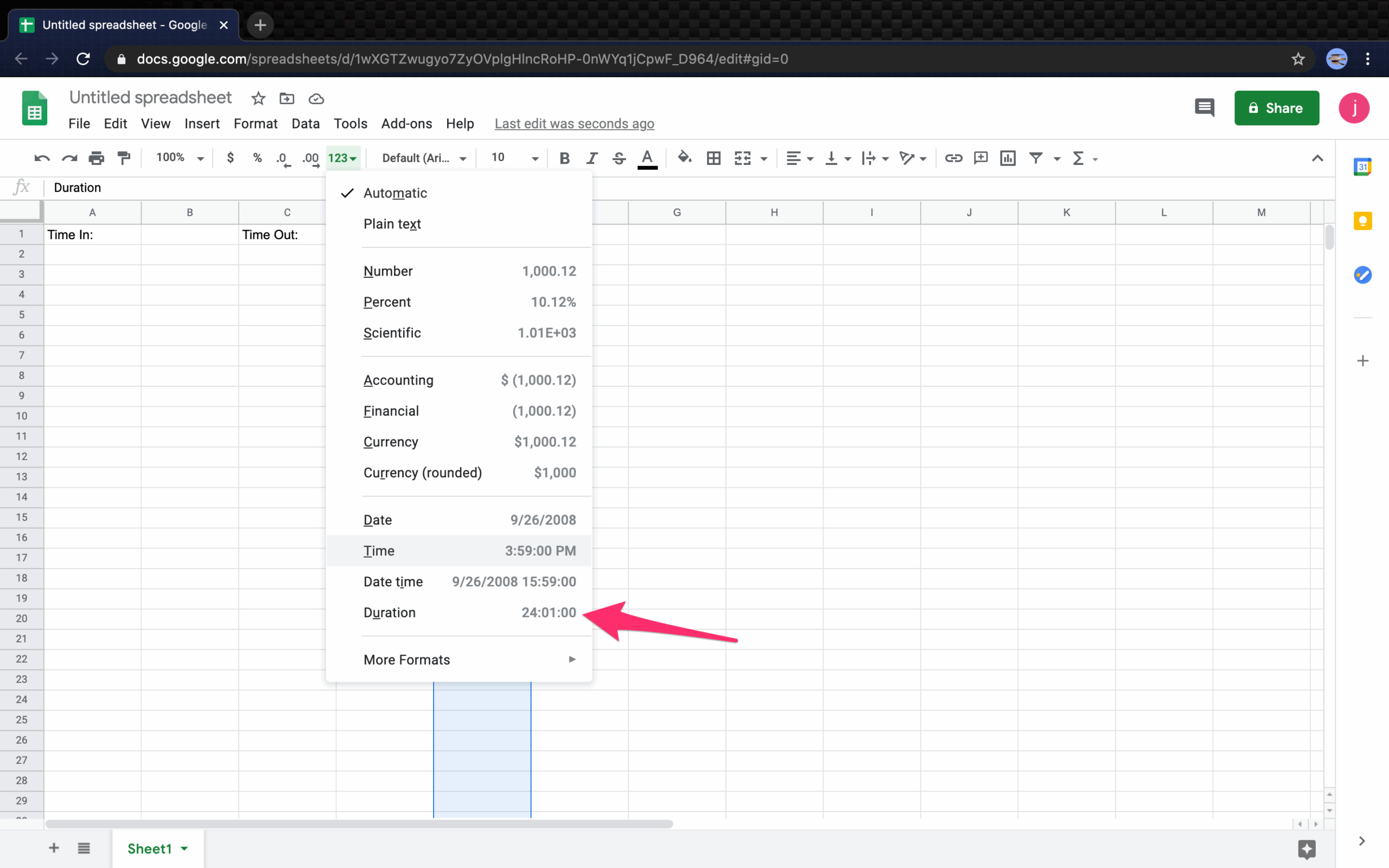 sheets calculate hours to produce a decimal number