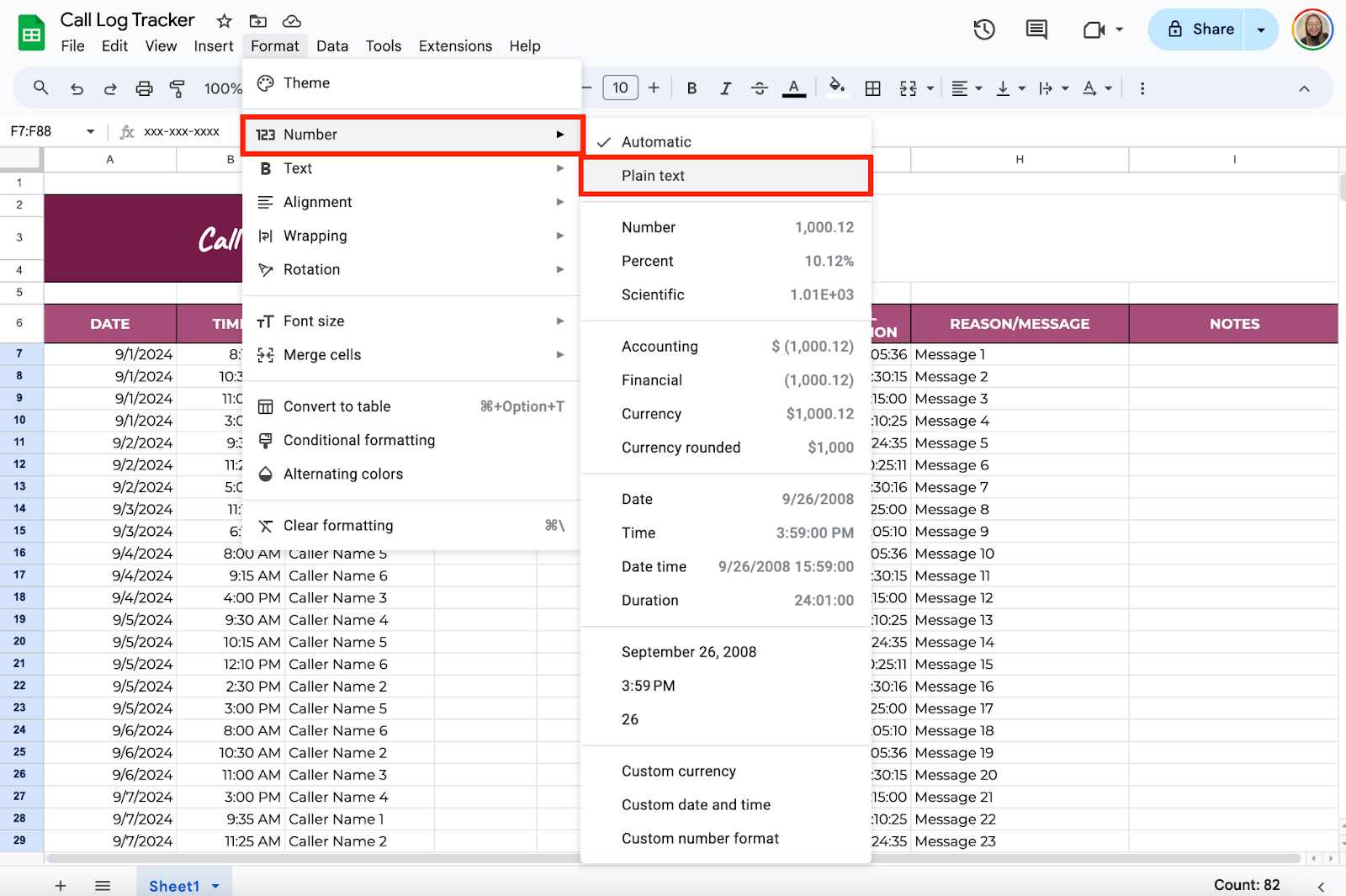 google sheets phone number format