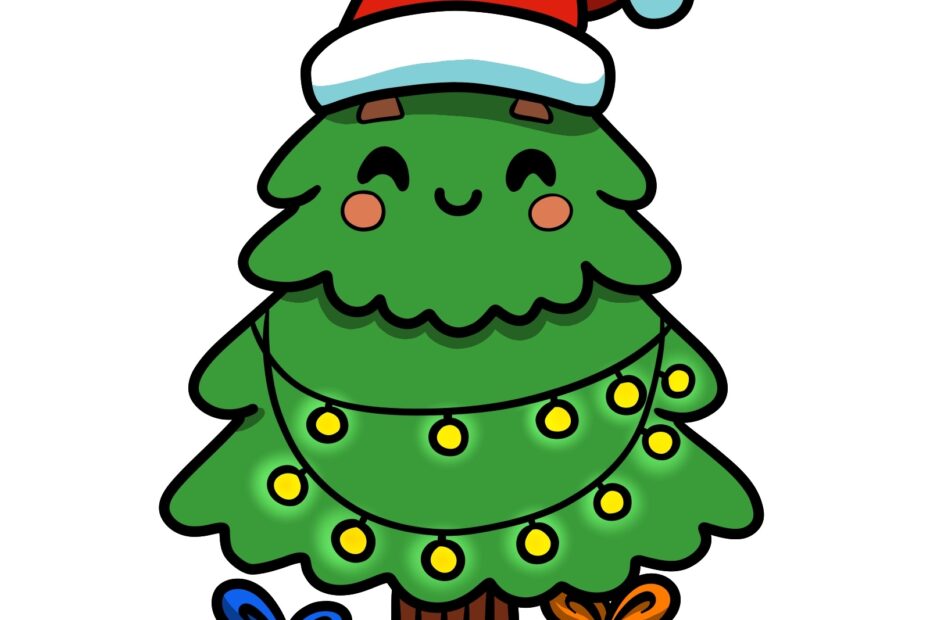 How To Draw A Cute Kawaii Christmas Tree With A Santa Hat And Gifts