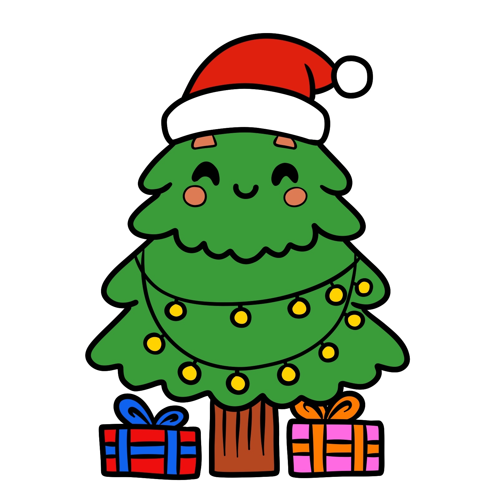 How To Draw A Cute Kawaii Christmas Tree With A Santa Hat And Gifts