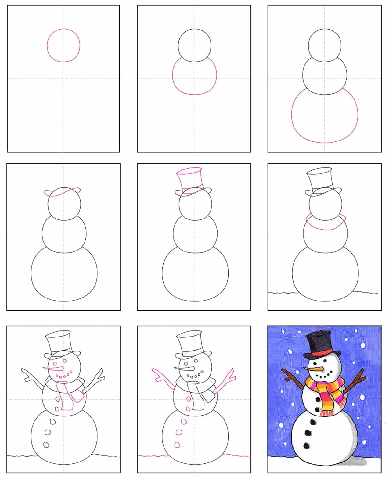 How To Draw A Snowman Easy Step by Step Art Lesson For Kids