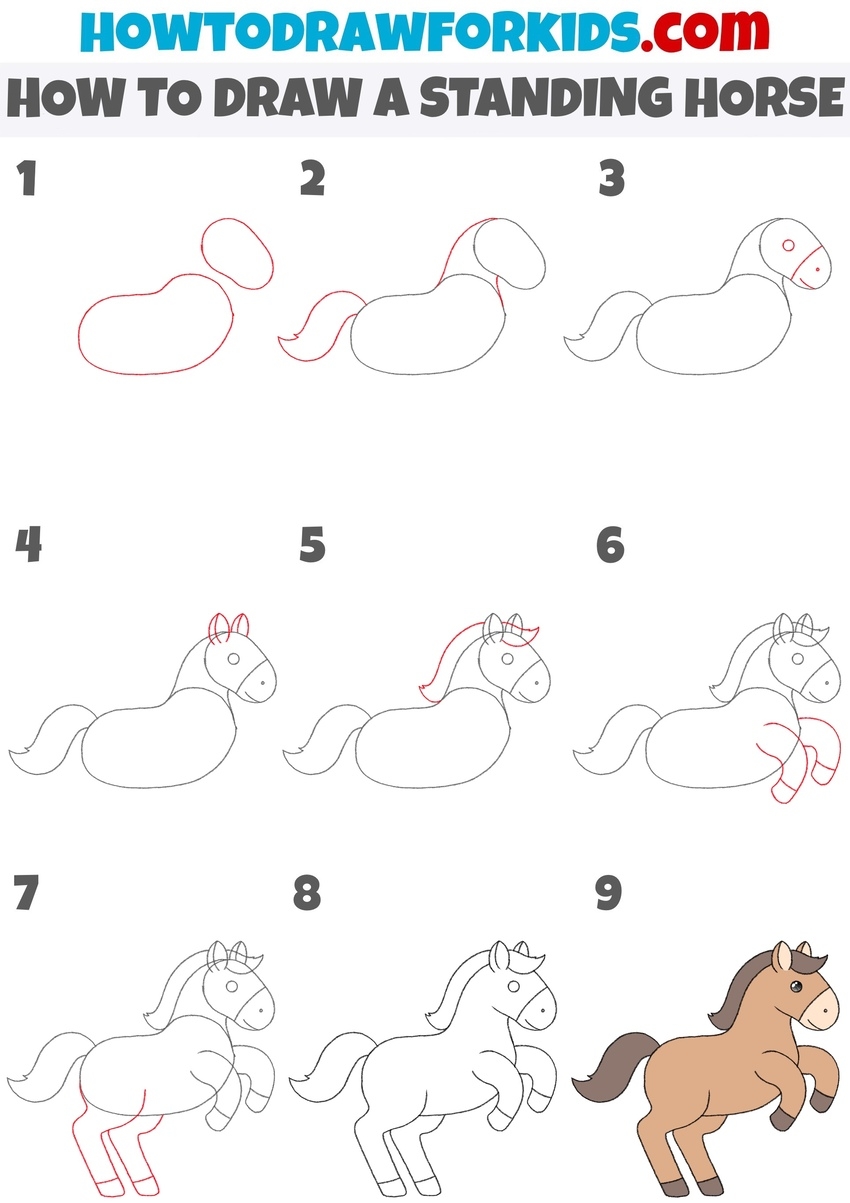 How To Draw A Standing Horse Easy Drawing Tutorial For Kids