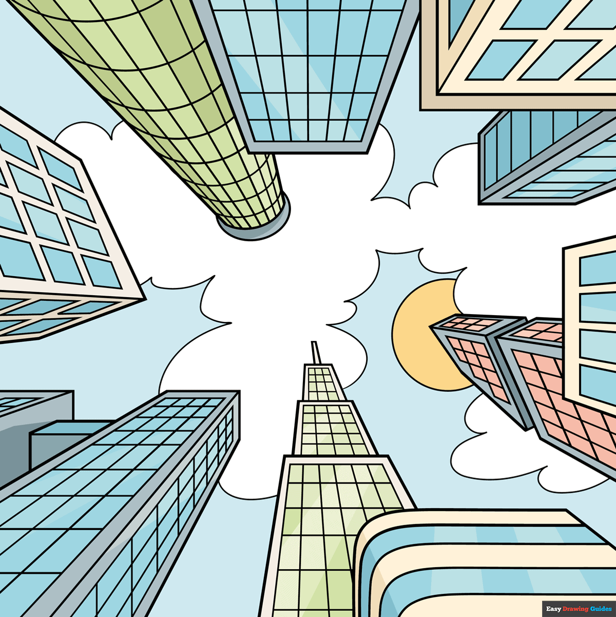 How To Draw Easy Buildings And Sky In One Point Perspective Really Easy Drawing Tutorial