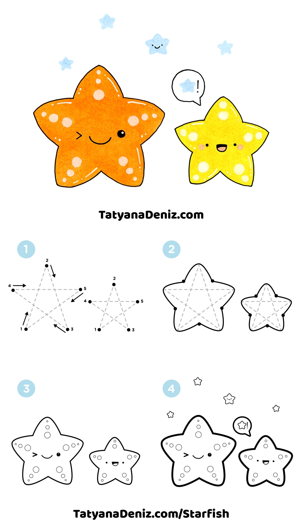 How To Draw Kawaii Starfish Step by step Tutorial By Tatyana Deniz