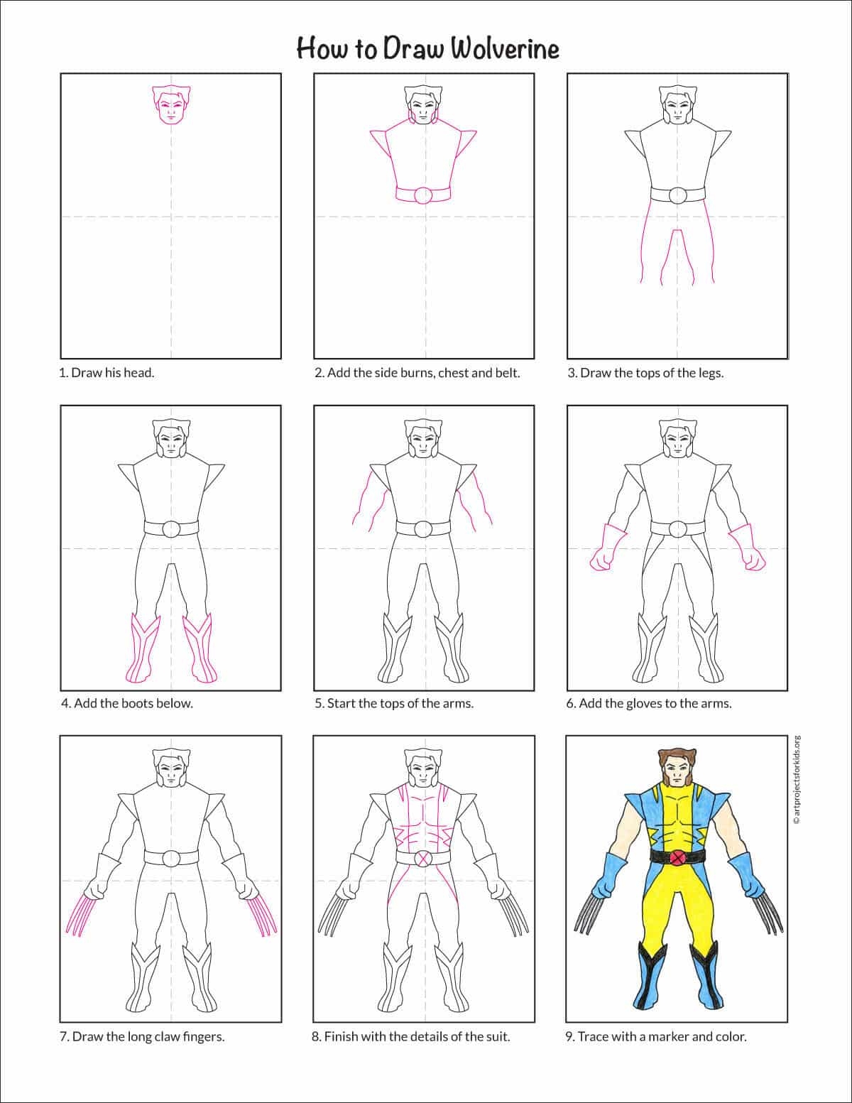 How To Draw Wolverine From X Men Easy Step by Step Art Lessons For Kids