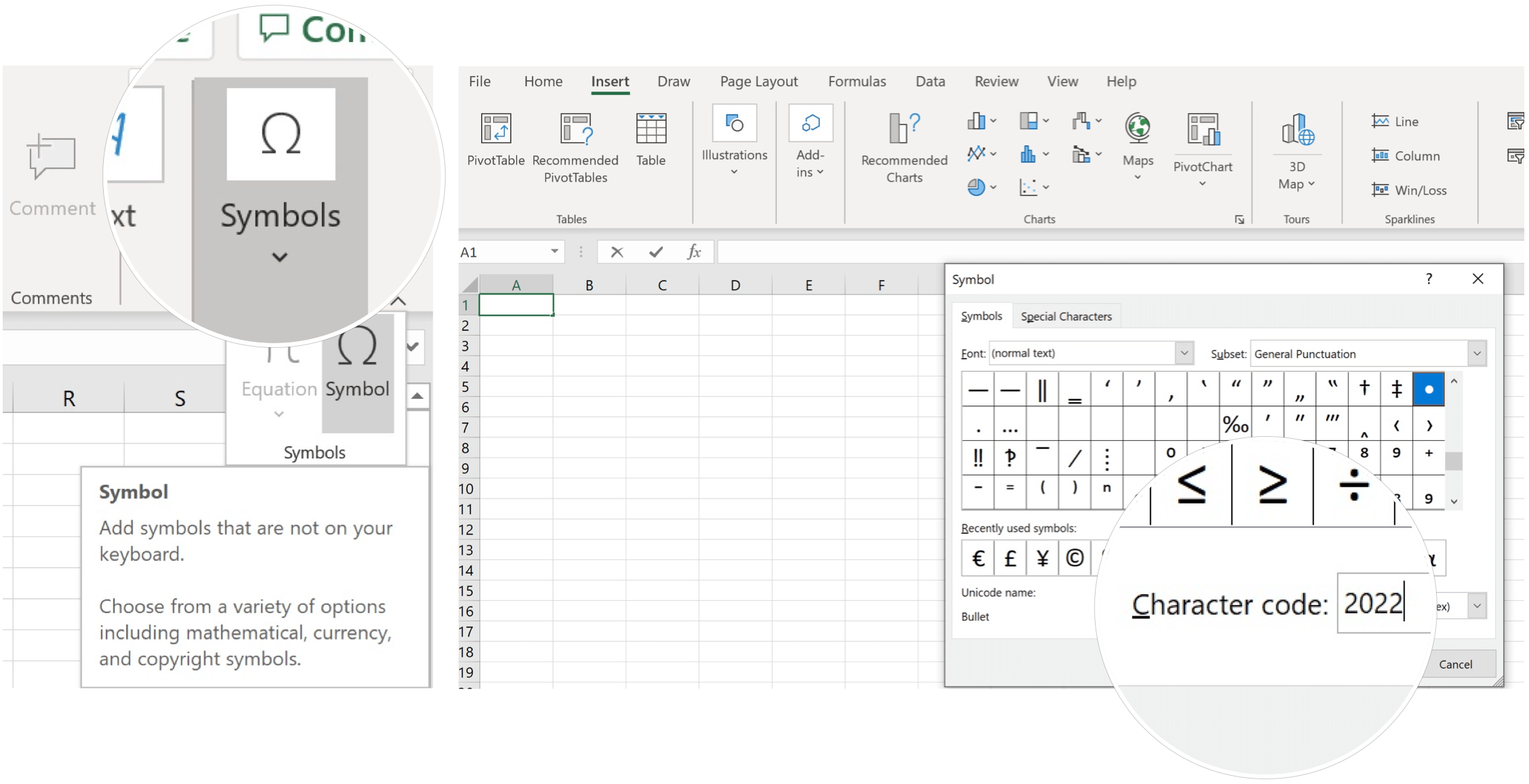 how to add dot points in excel