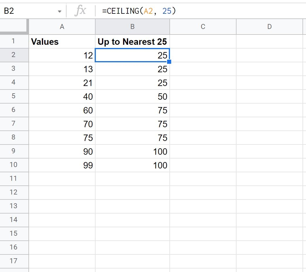google sheets round up to nearest whole number
