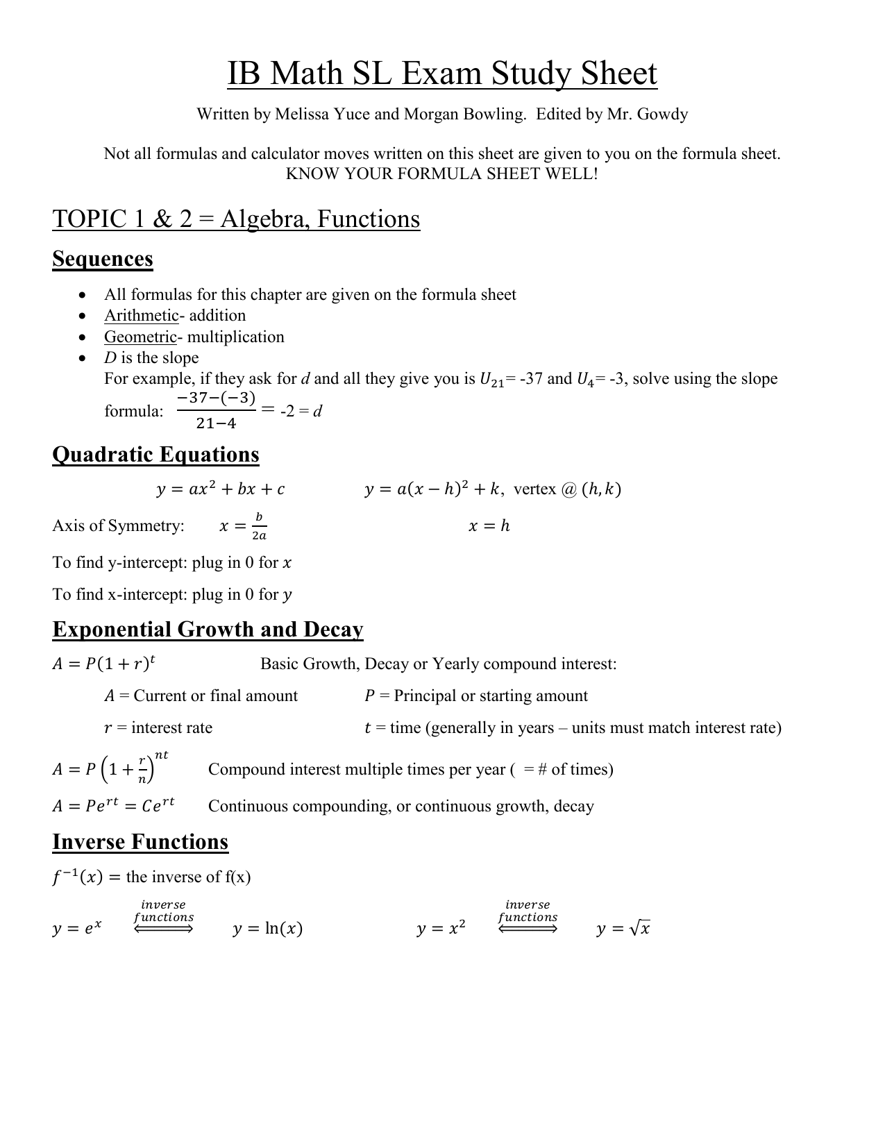 math formula sheet ib