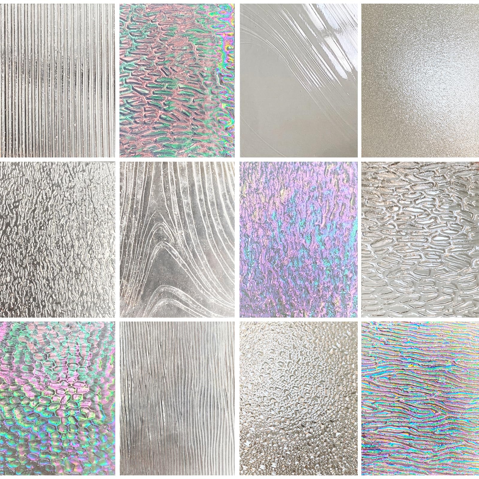 ILLUCKAI 12 Sheets Clear Textured Stained Glass Sheet 4 X 6 Inch Rainbow Iridescent Cathedral Art Glass Variety Textures Stained Glass Supplies For Stained Glass Projects And Mosaic Crafts Amazon