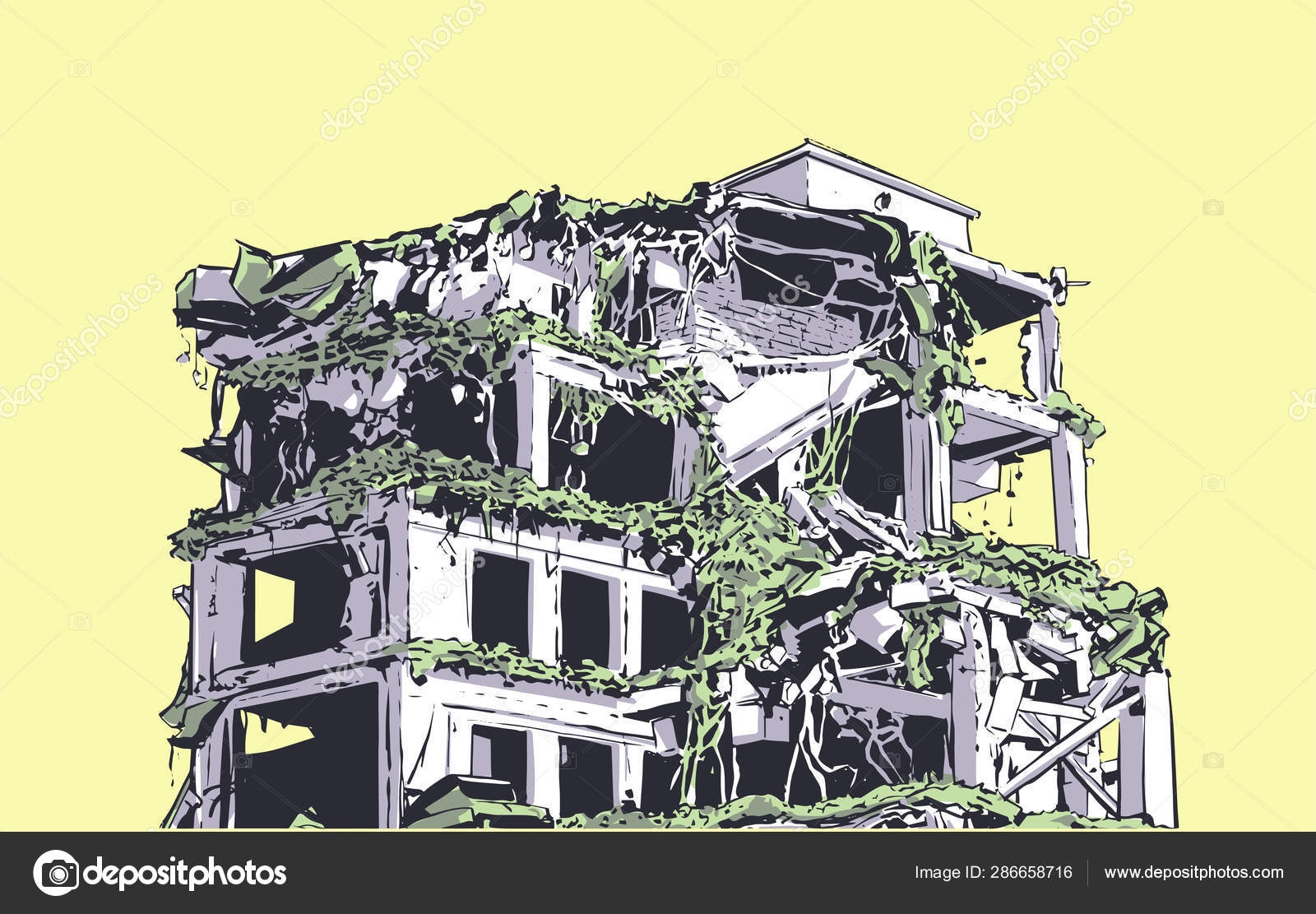 Illustration Collapsed Building Due Earthquake Natural Disaster Explosion Fire Stock Vector By robzs 286658716