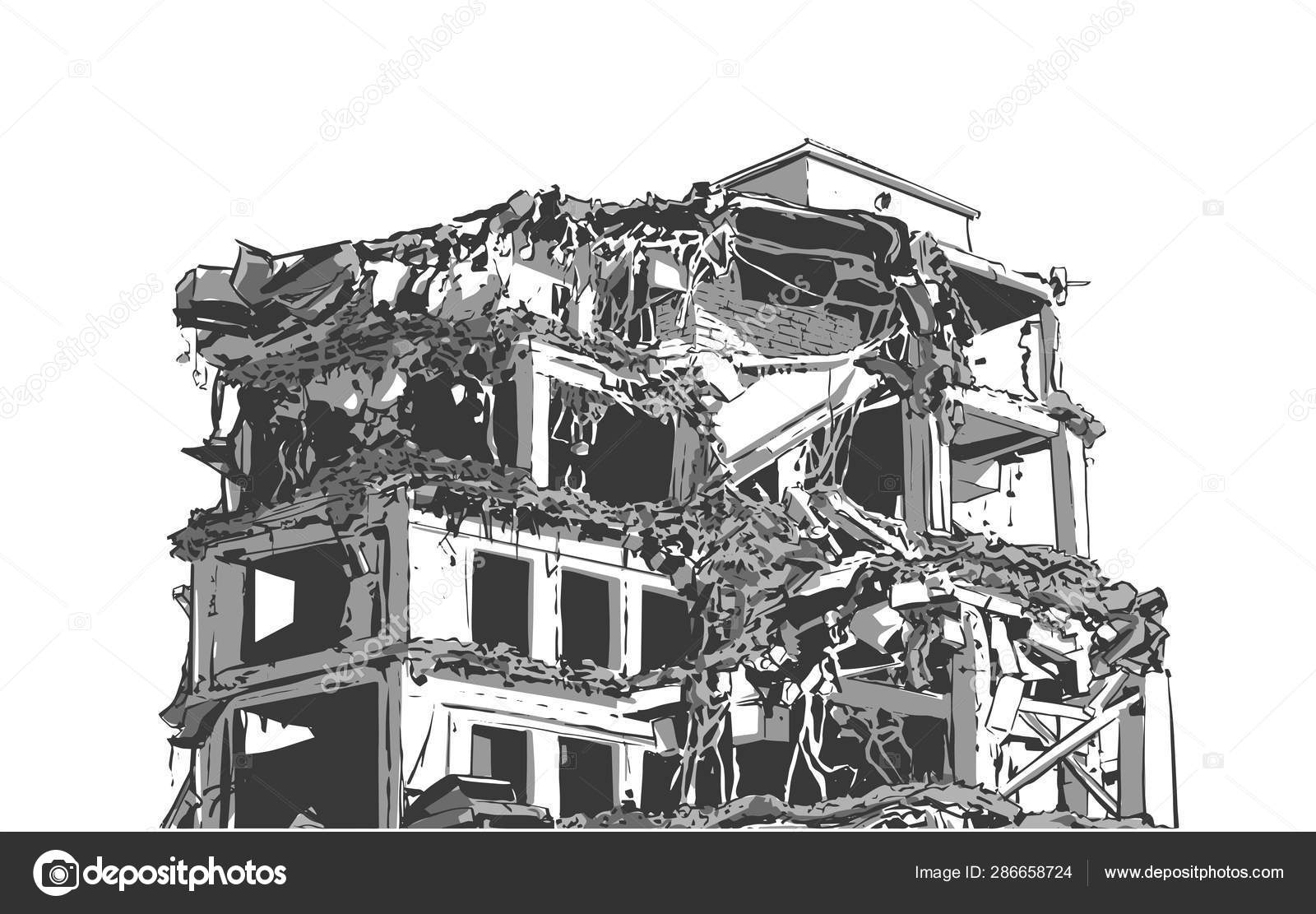 Illustration Collapsed Building Due Earthquake Natural Disaster Explosion Fire Stock Vector By robzs 286658724