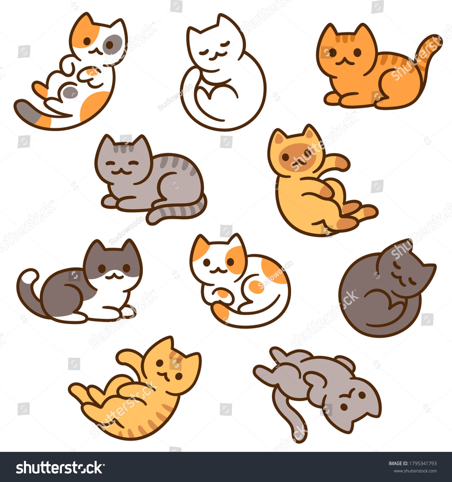 Ilustrasi Stok Cute Cartoon Cat Drawing Set Different 1795341793 Shutterstock