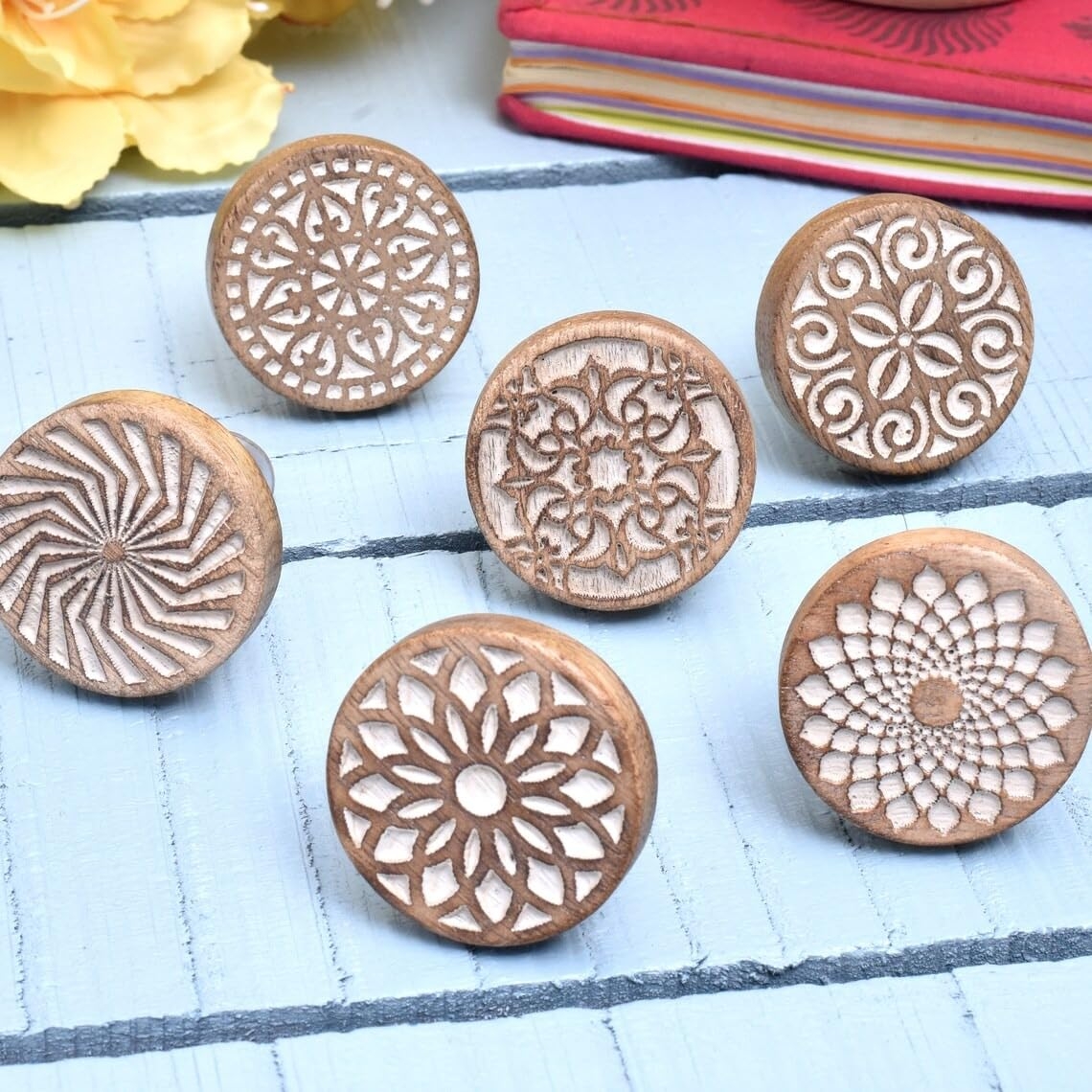 Indian Shelf 6 Pieces Boho Wooden Drawer Knobs Brown Floral Knobs Round Cabinet Knobs Amazon