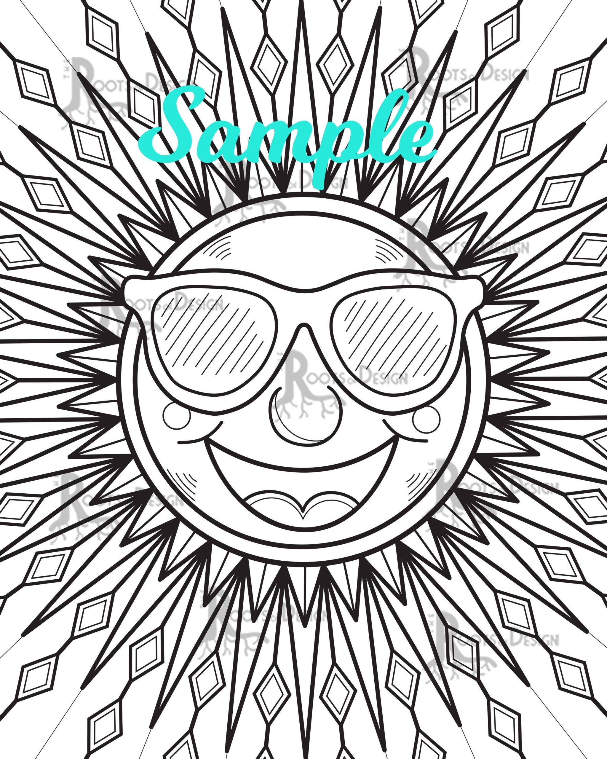 INSTANT DOWNLOAD Coloring Page Happy Sun With Sunglasses Doodle Art Printable