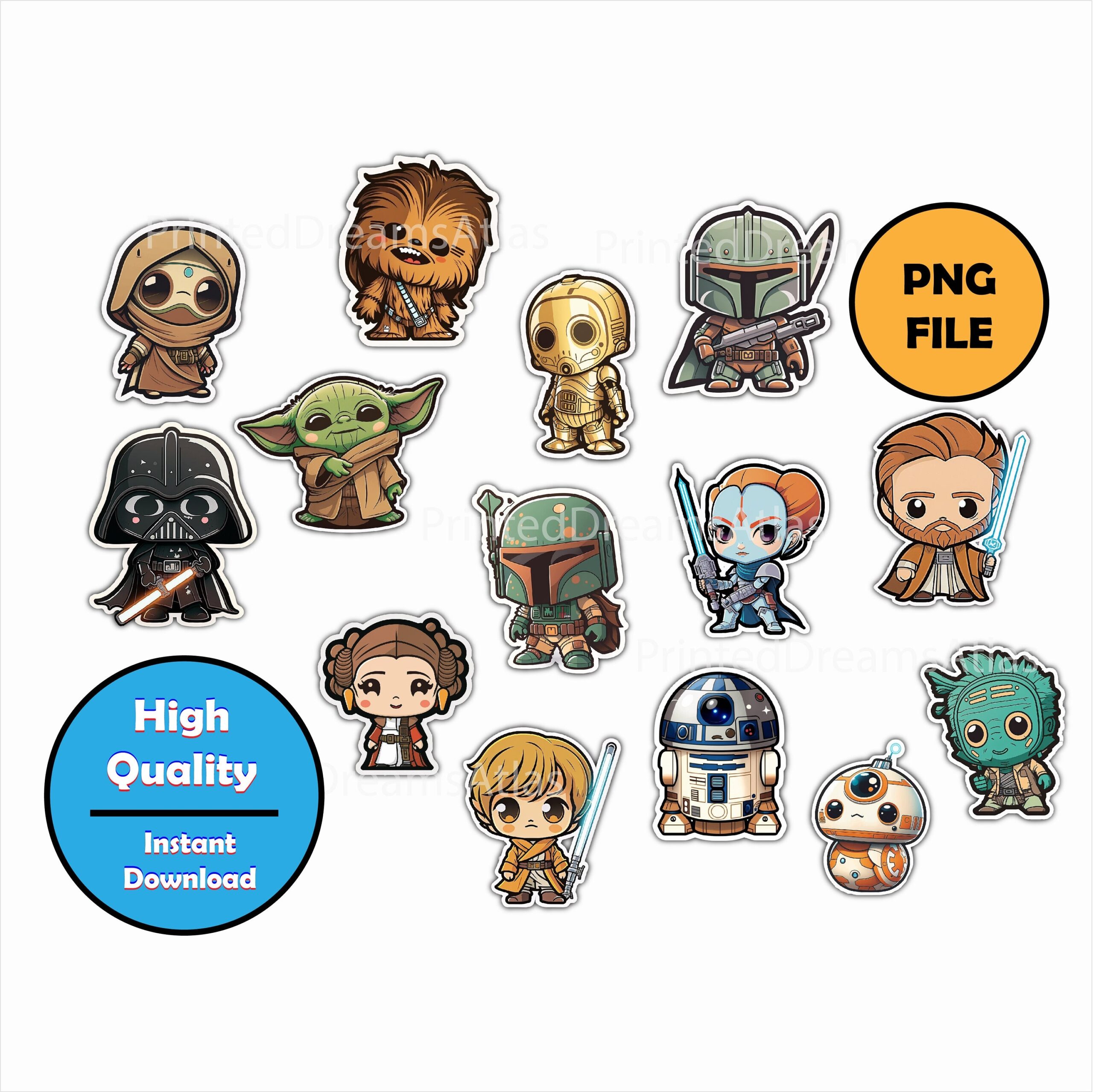 Instant Download Cute Star Wars Cartoon PNG Set Skywalker Yoda 