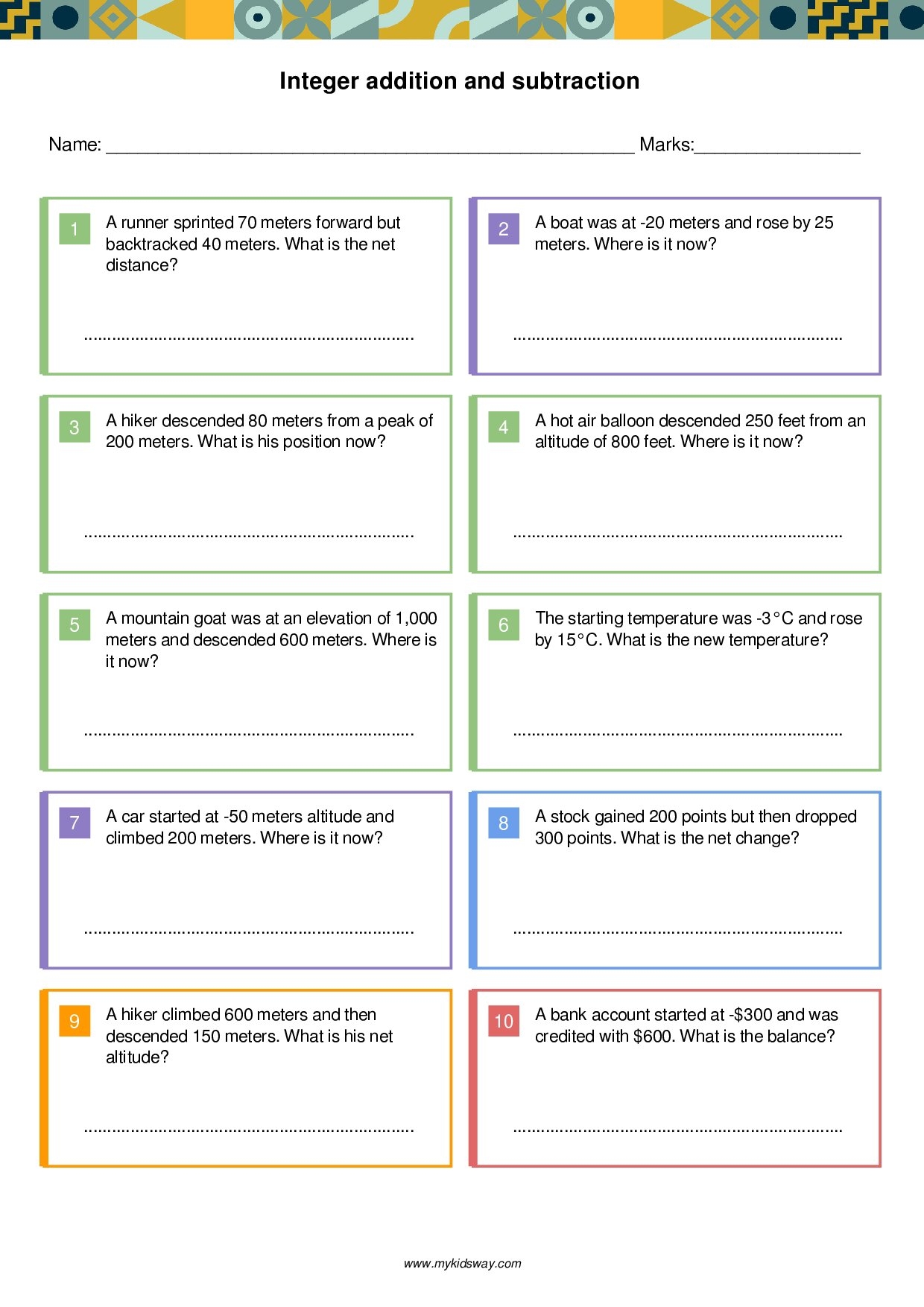 integer addition and subtraction worksheet