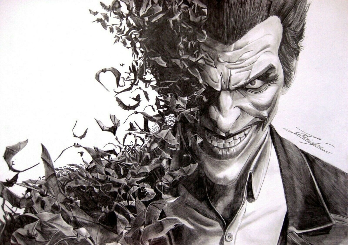 JOKER BATMAN DRAWING BLACK AND WHITE CANVAS WALL ART DECOR FRAMED 20X30 INCH