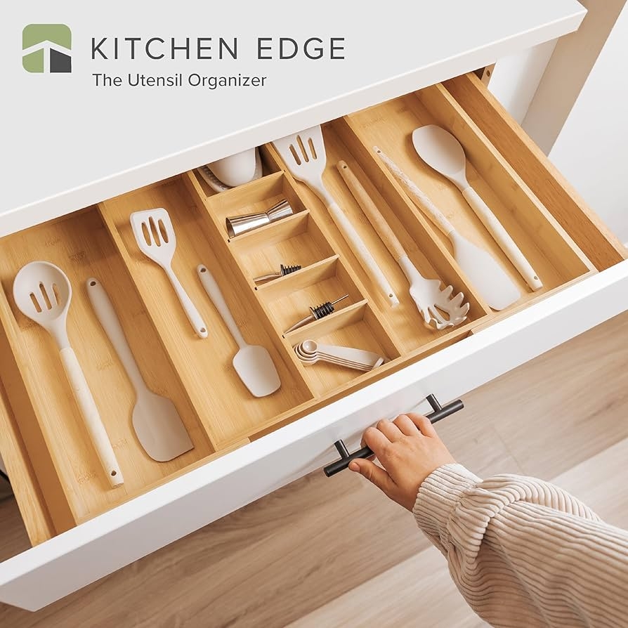 KitchenEdge Adjustable Kitchen Drawer Organiser For Utensils And Junk Expandable To 28 Inches Wide 9 Compartments 100 Bamboo Amazon co uk Home U0026 Kitchen
