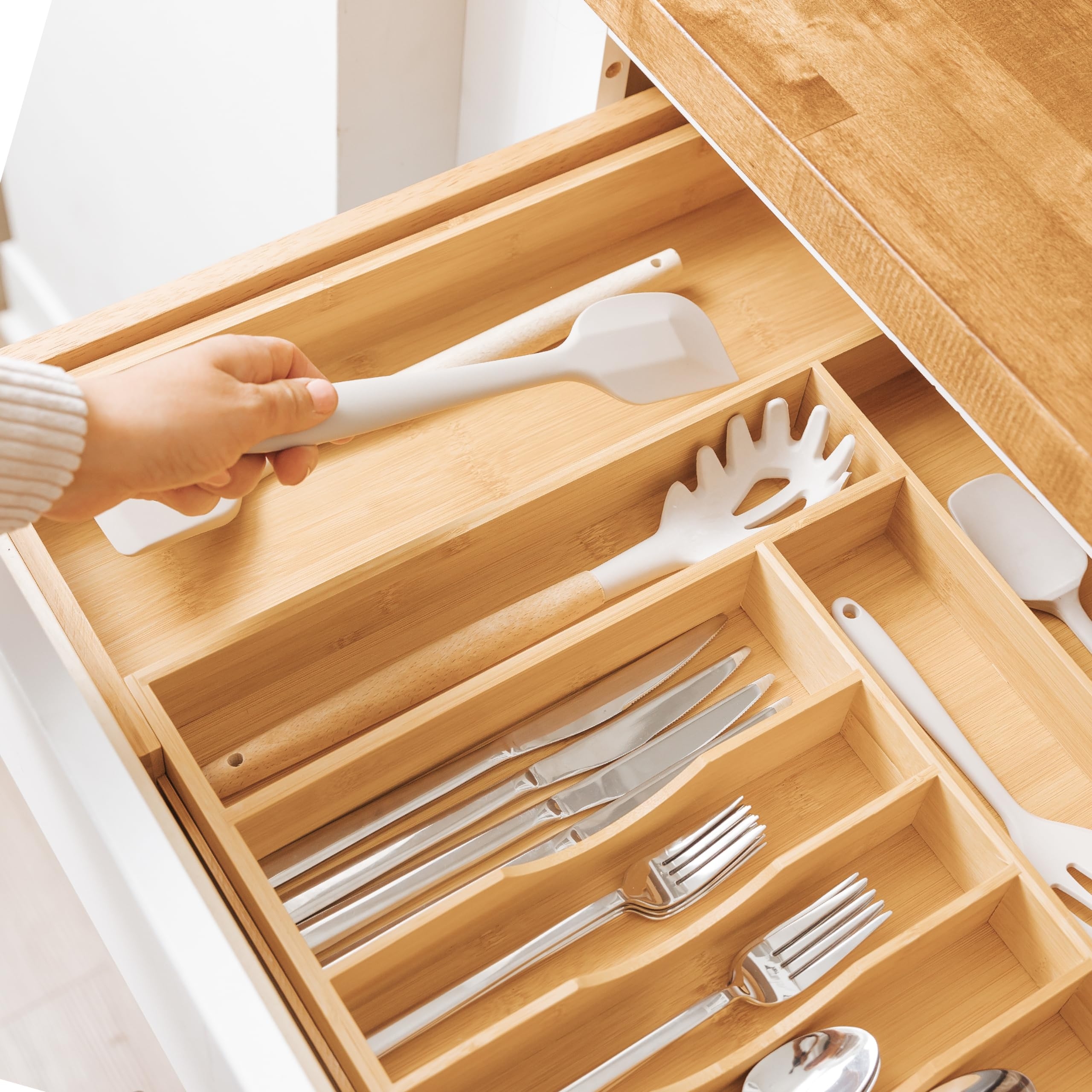 KitchenEdge Premium Silverware Flatware And Utensil Organizer For Kitchen Drawers Expandable From 14 To 25 Inches Wide 10 Compartments 100 Bamboo 