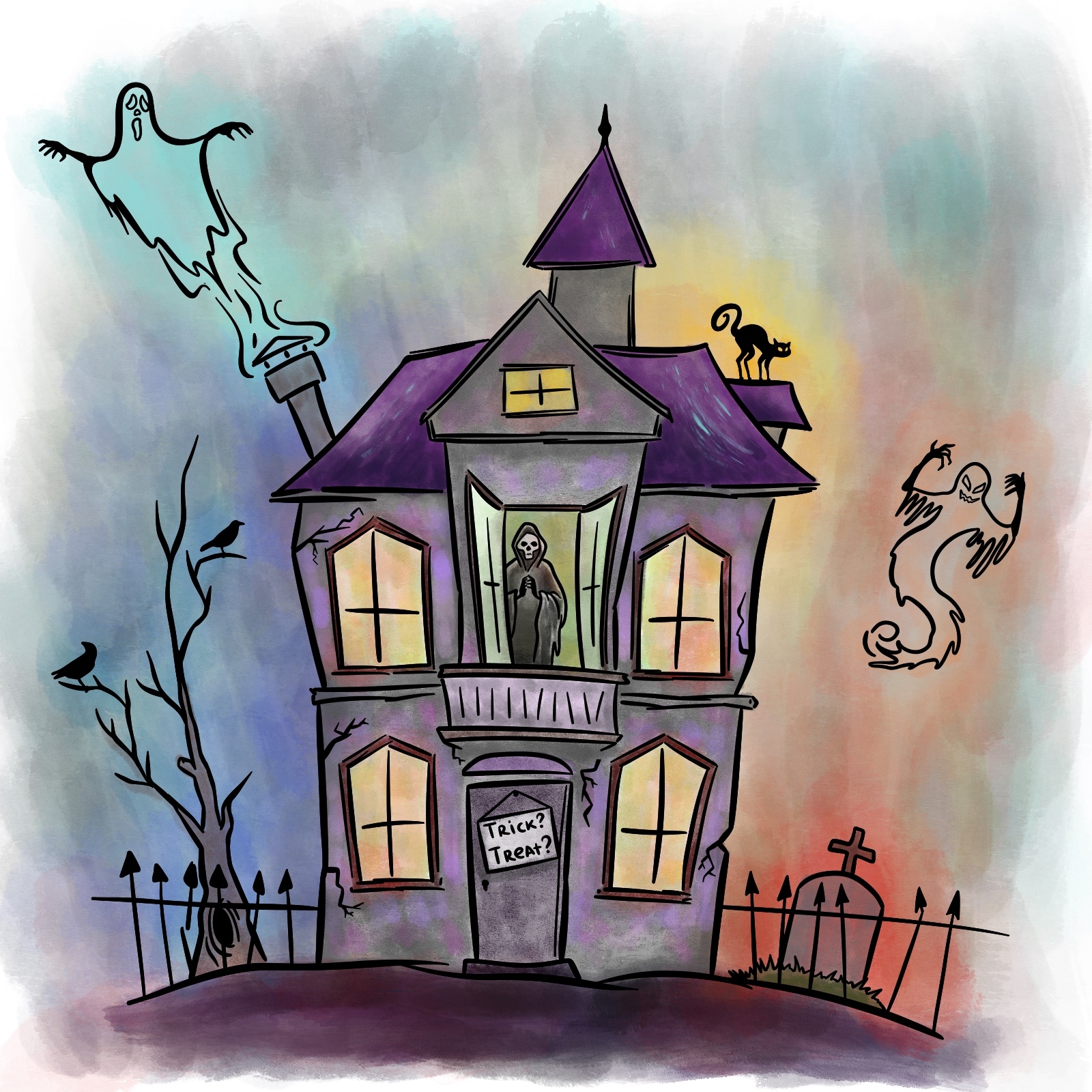 how to draw a haunted house