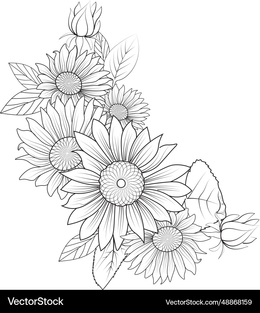 Line Drawing Outline Sunflower Tattoo Royalty Free Vector