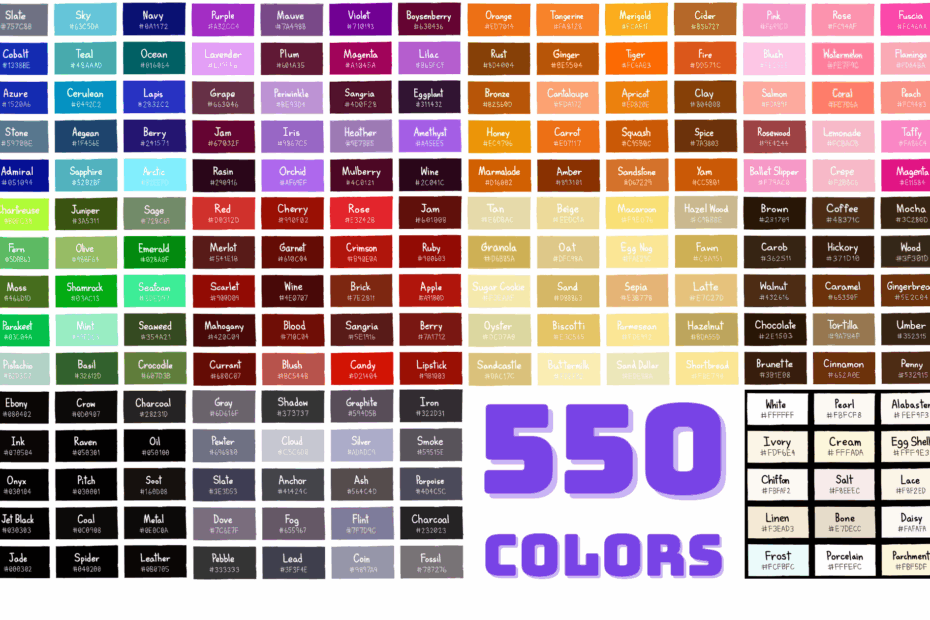 List Of Colors 550 Color Names And Hex Codes Color Meanings