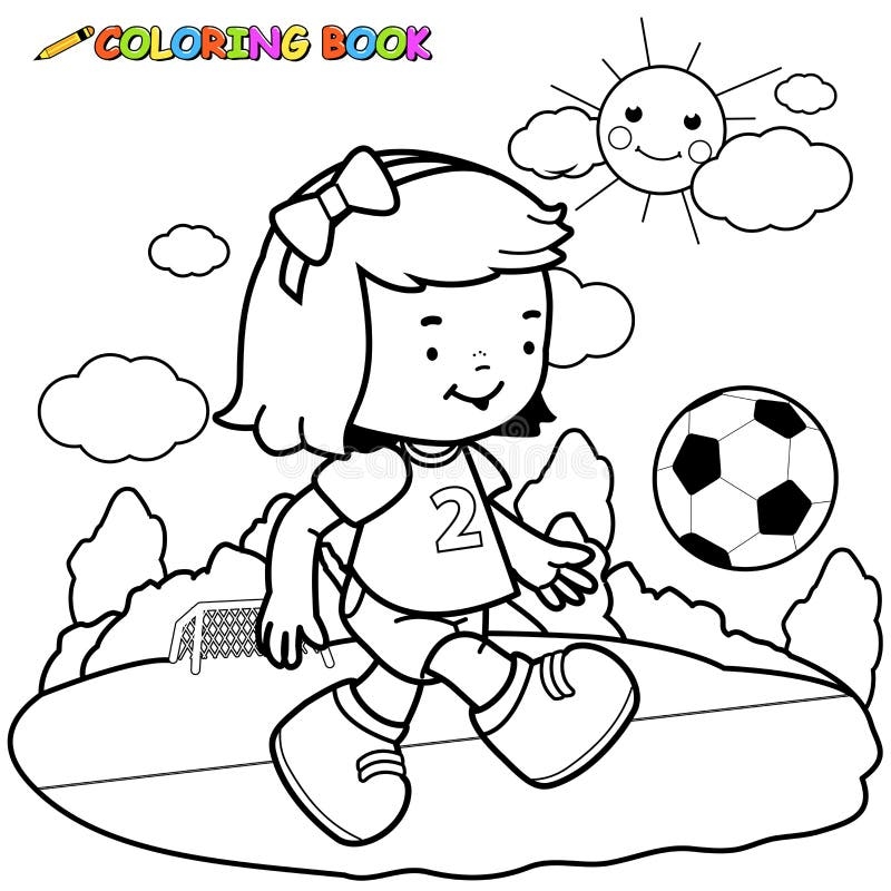 Little Girl Playing Soccer A Happy Child Plays Soccer On The Football Field Vector Black And White Coloring Page Stock Vector Illustration Of Player Playing 67426589
