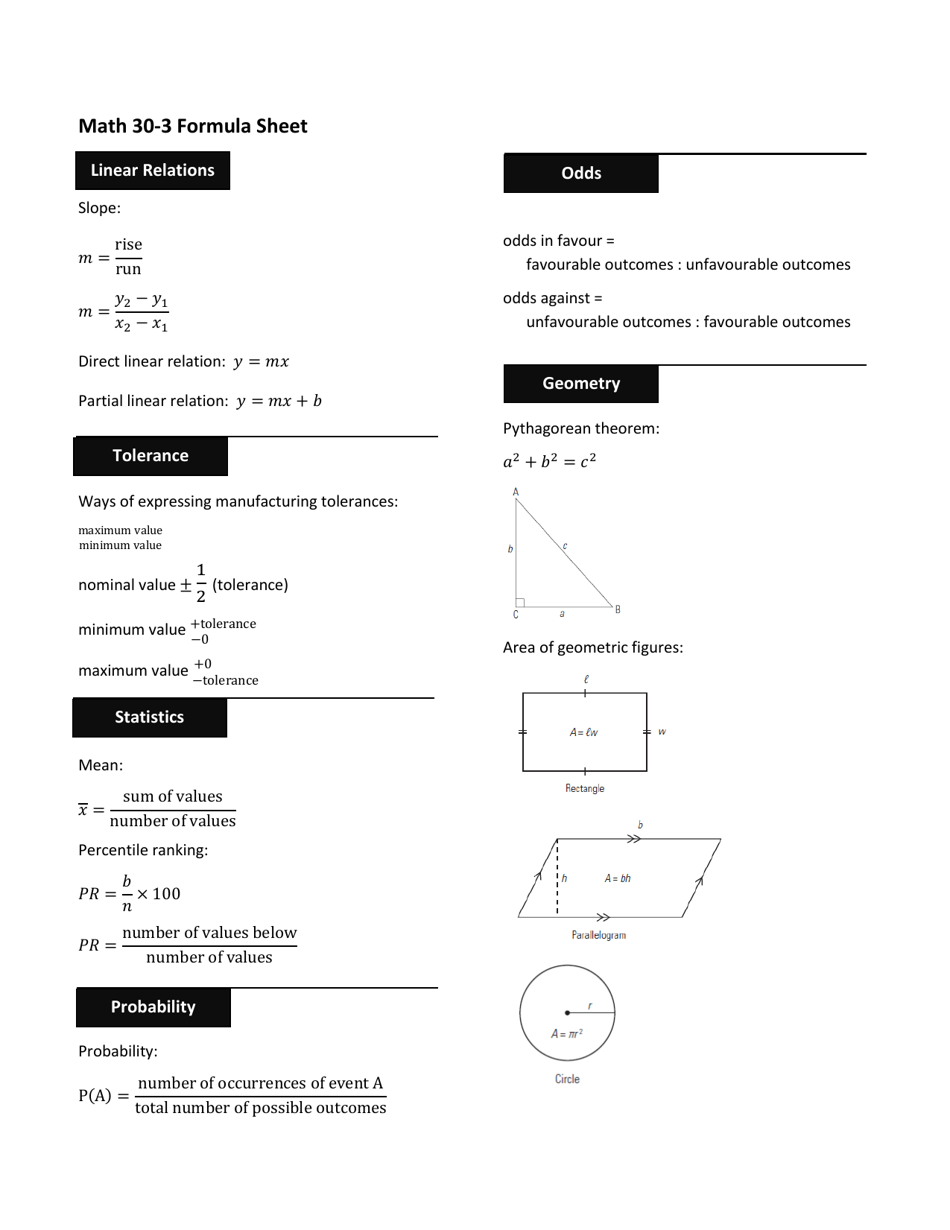 Math 30 3 Formula Sheet Download Printable PDF Templateroller