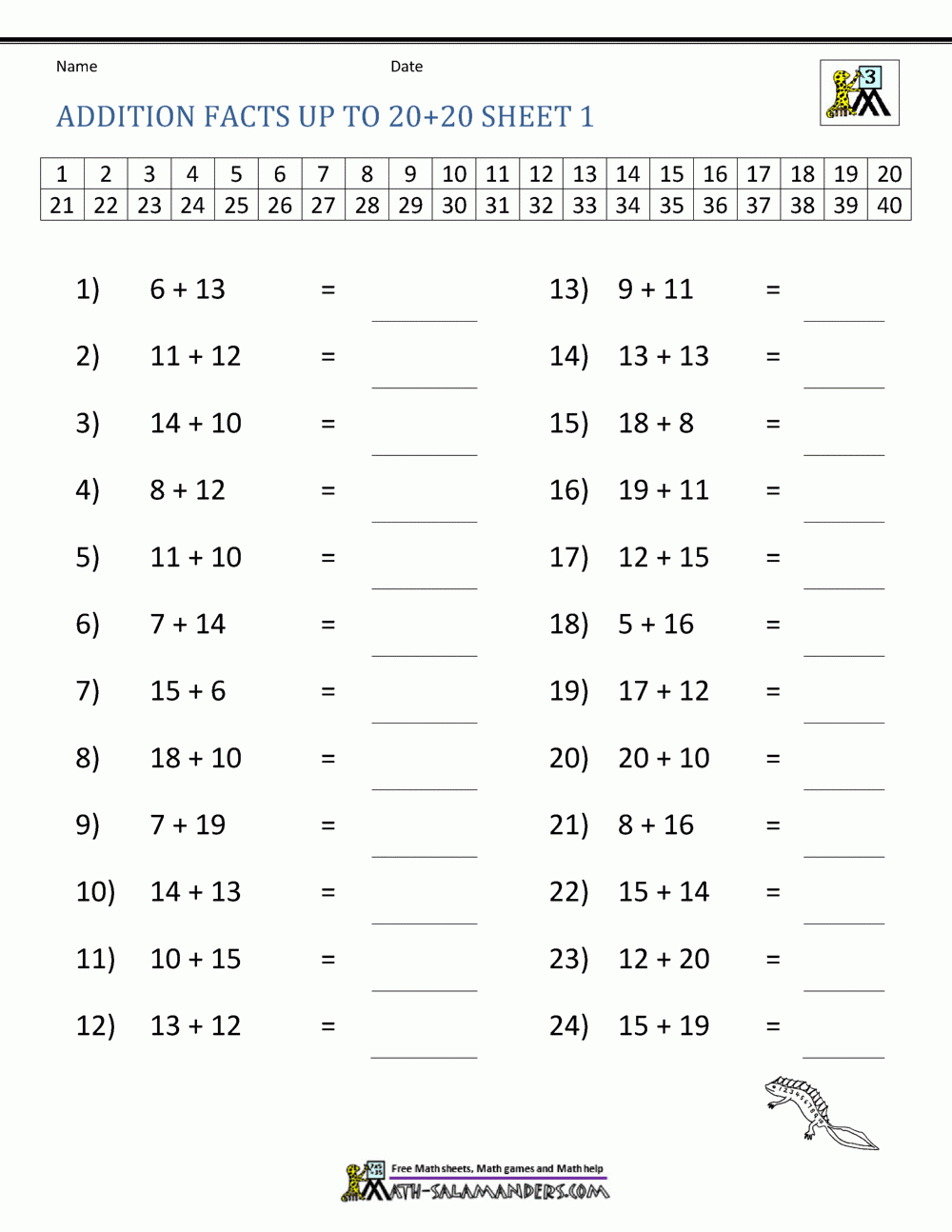 math facts sheets