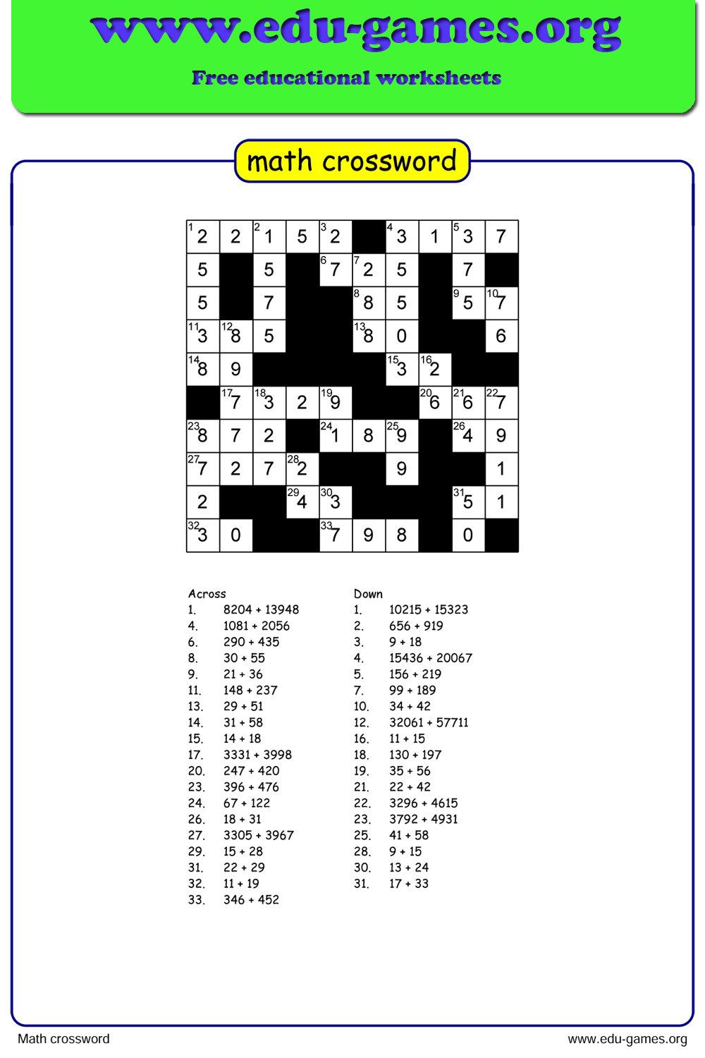 free printable math crossword puzzles