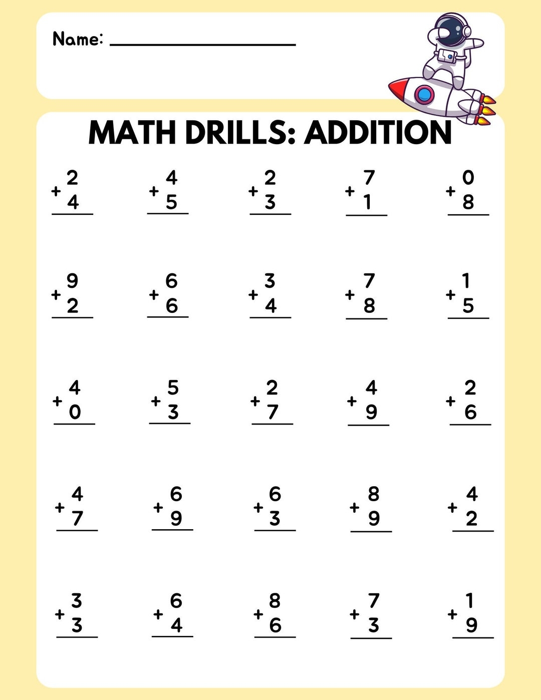 Math Drill Addition Worksheet 1 Etsy Australia