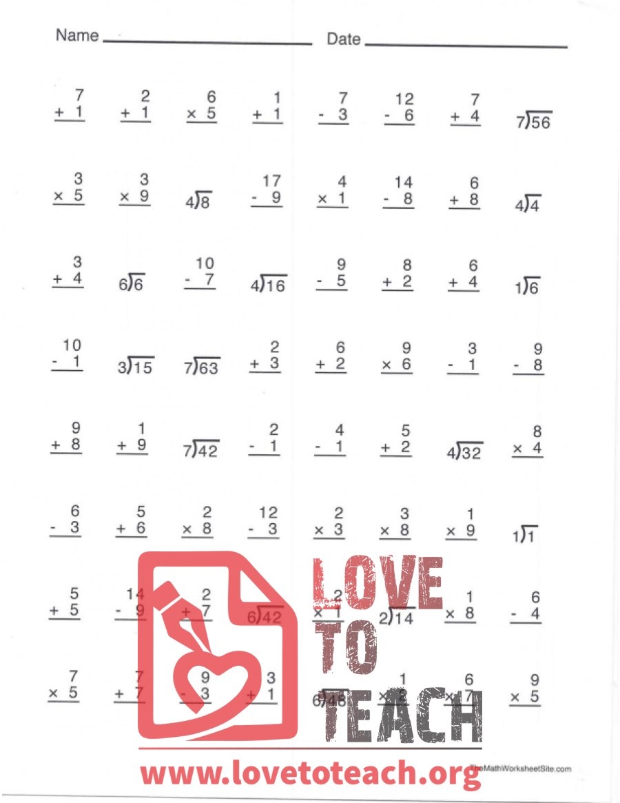 division math facts worksheets