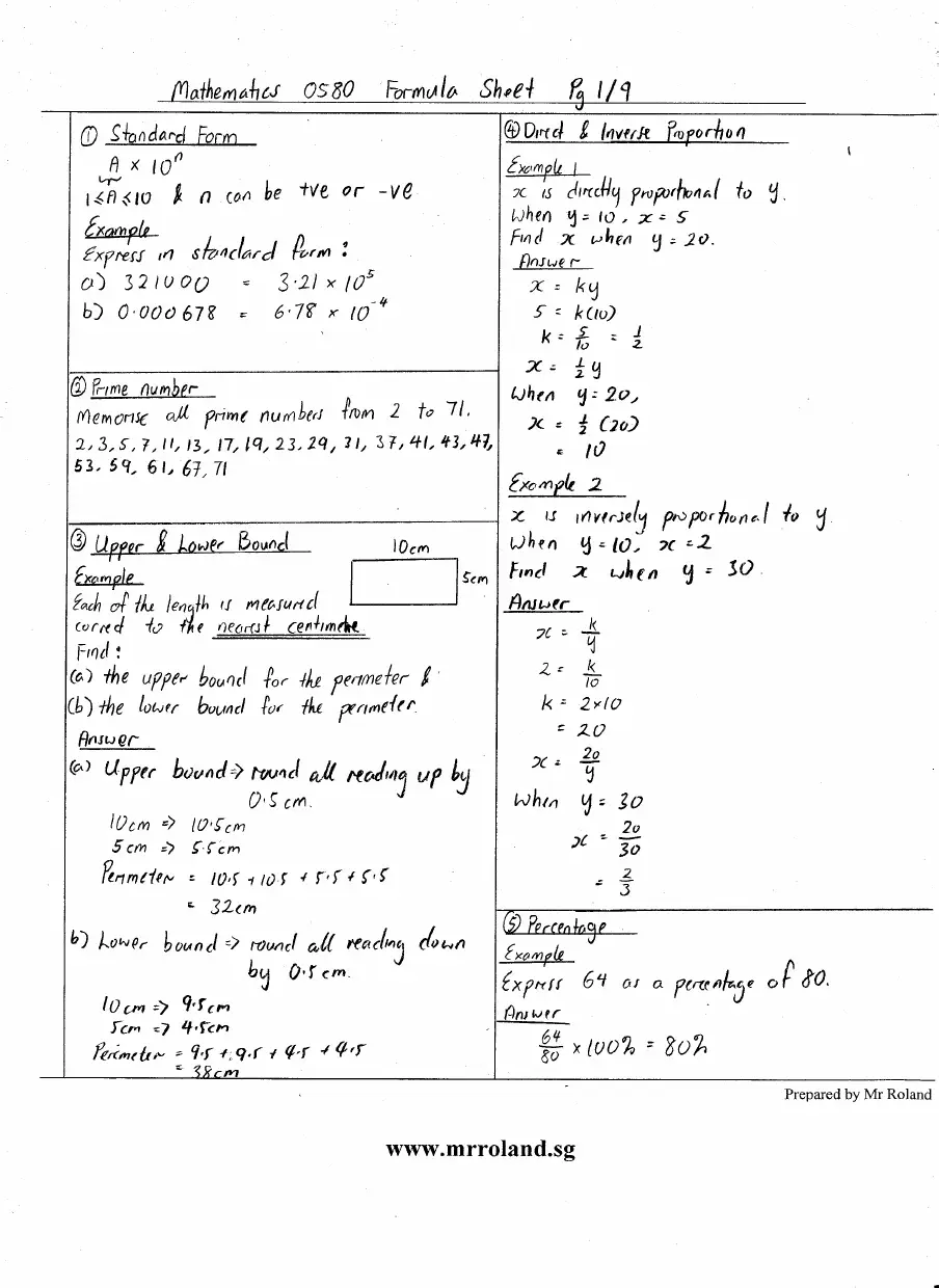 Mathematics 0580 Formula Sheet PDF