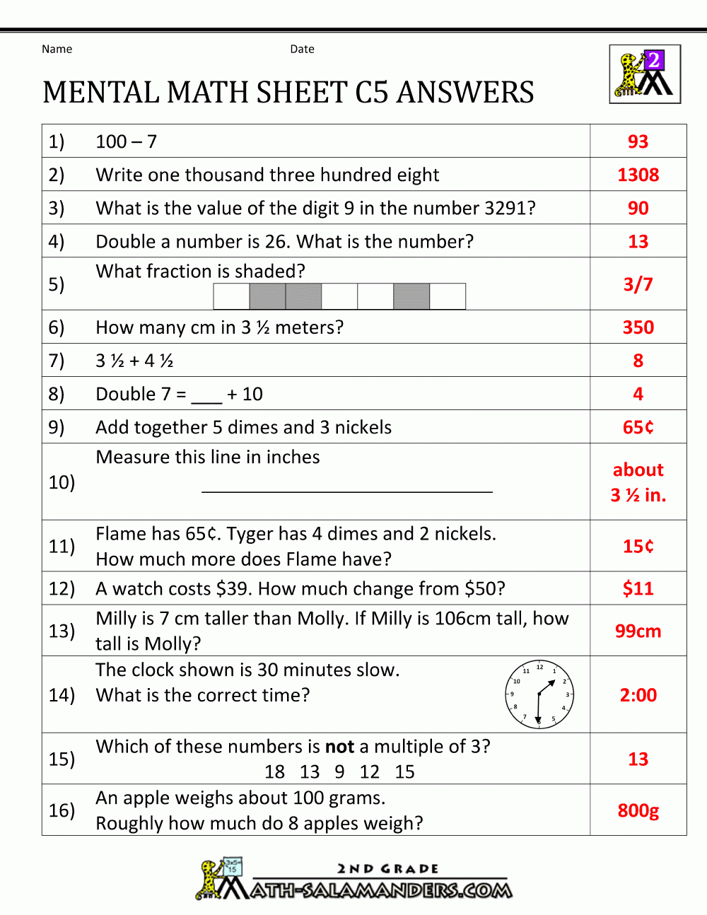 Mental Math Worksheet 2nd Grade