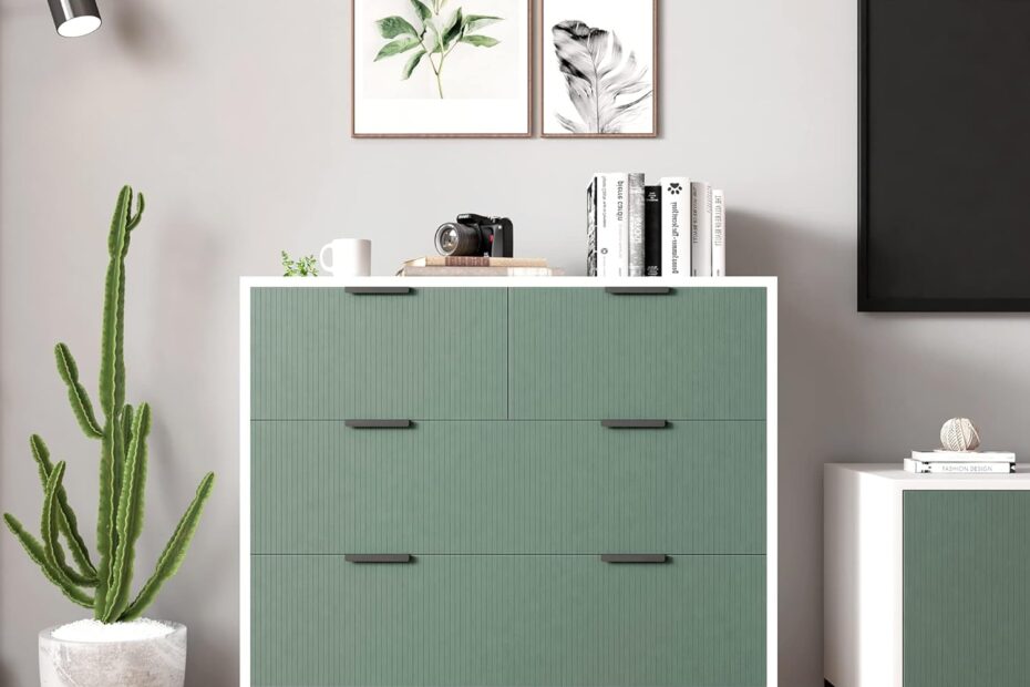 Modern 4 Drawer Dresser With Solid Wood Frame And Sturdy Steel Frame In White Green