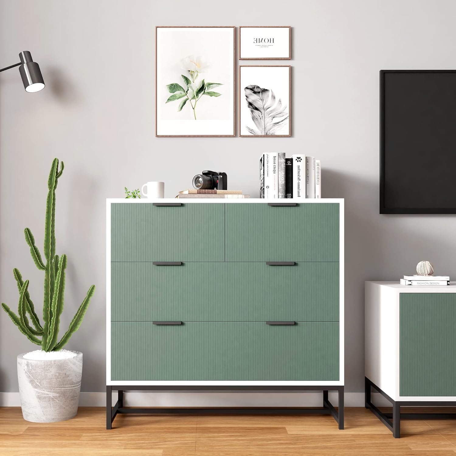 Modern 4 Drawer Dresser With Solid Wood Frame And Sturdy Steel Frame In White Green