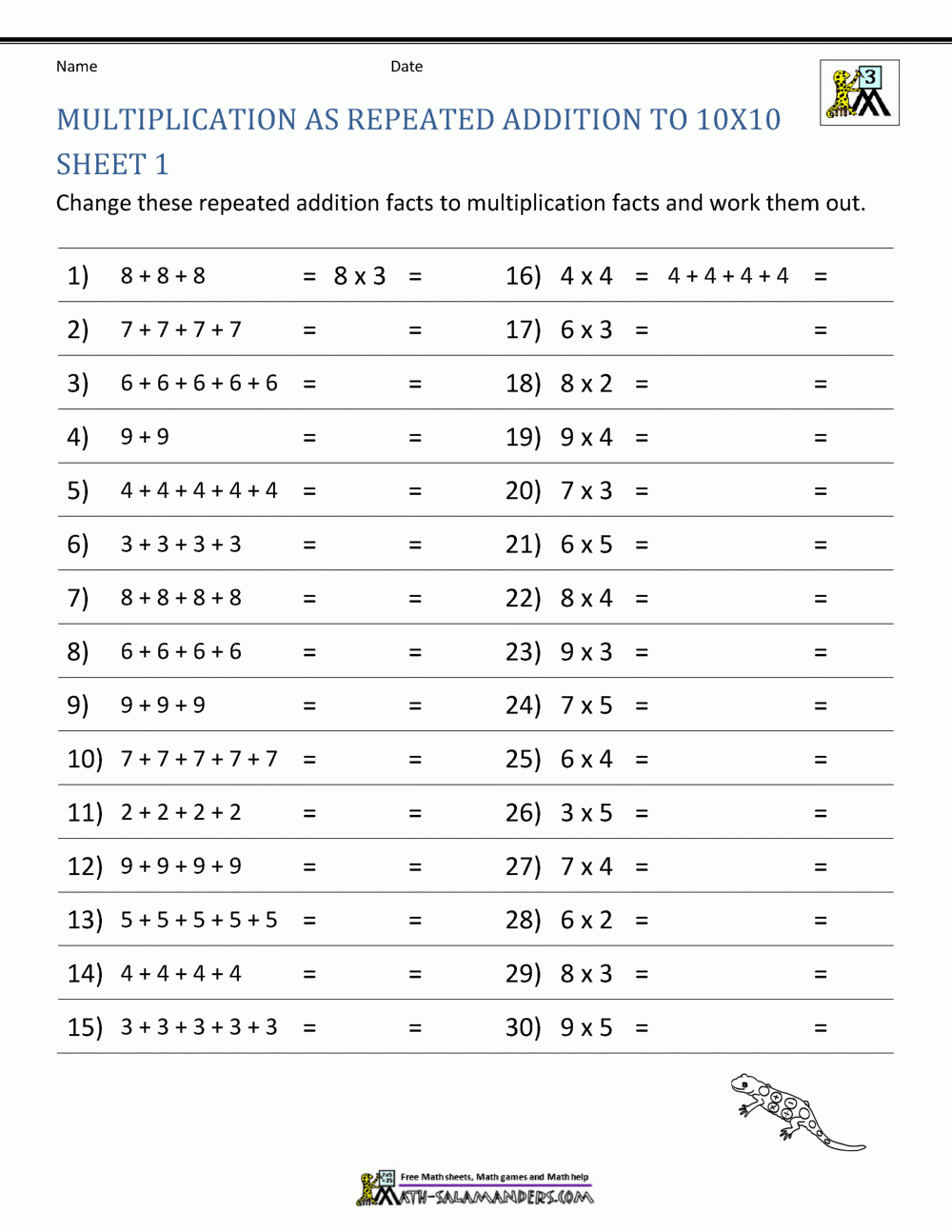 multiplication math facts worksheets