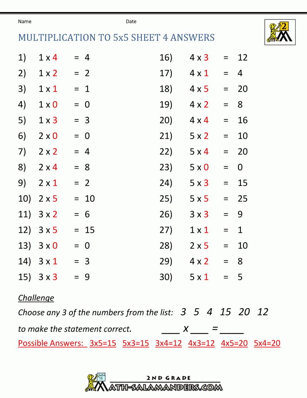 Multiplication Practice Worksheets To 5x5